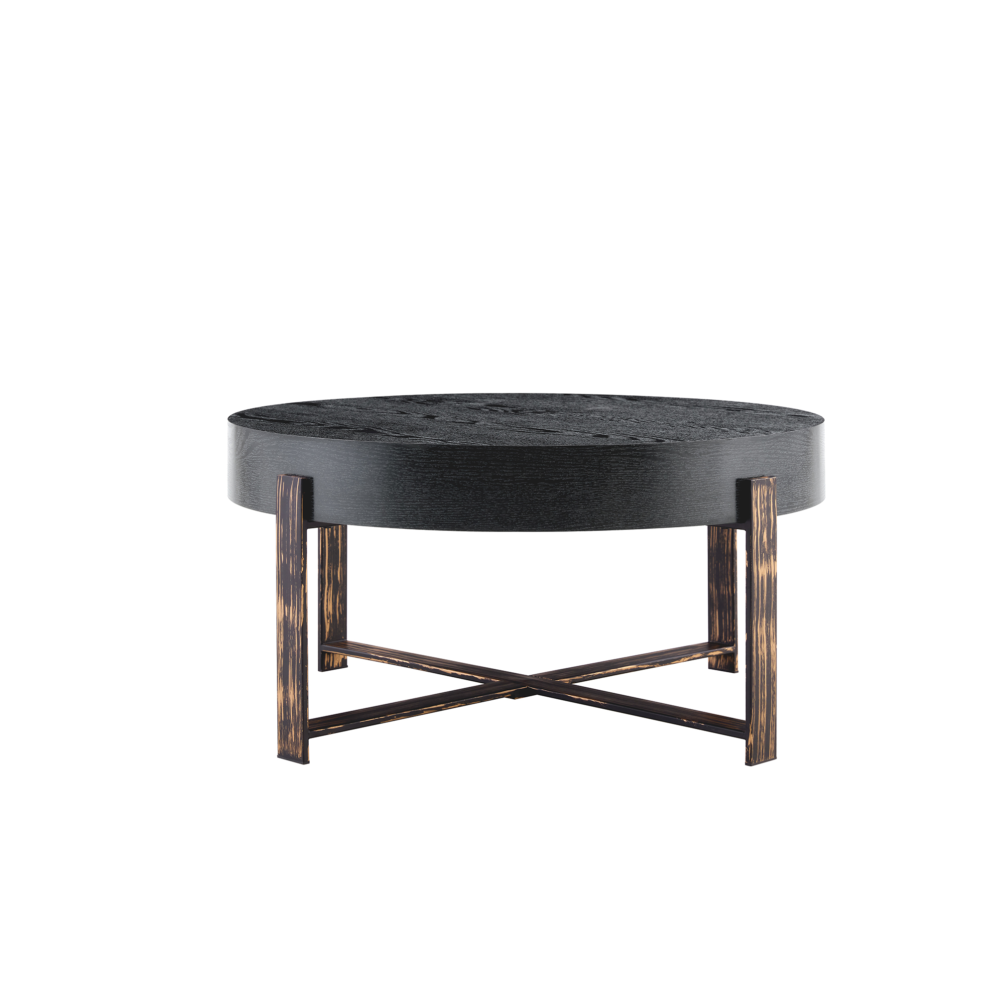 Table basse ronde Ø68 cm, MDF 10 cm imitation bois noir, pieds métal croix bronze antique, hauteur 36 cm, pour salon, design vintage industriel, stabilité, style élégant, facile entretien, décoration - image 12