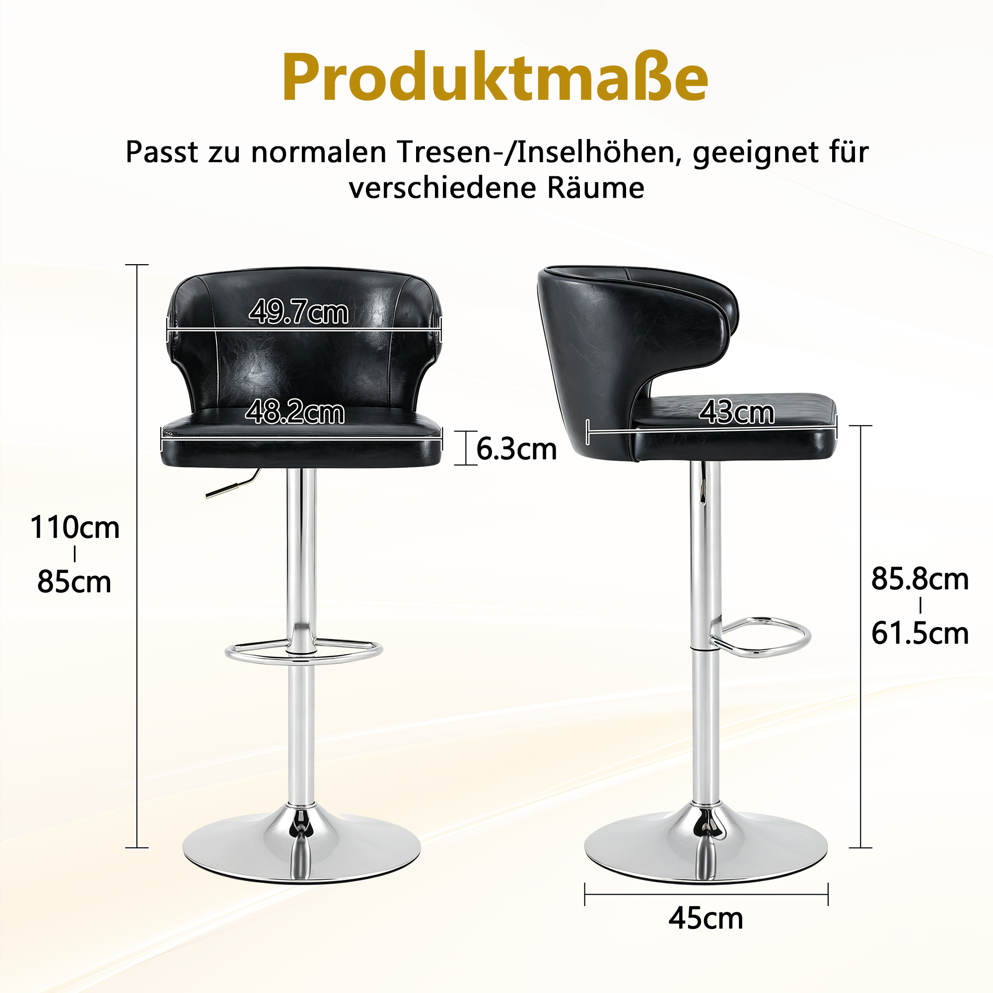 Tabouret de bar, lot de 2, rotation à 360°, hauteur réglable, 49,7 x 45 x 110 cm, PU, noir - vue 3
