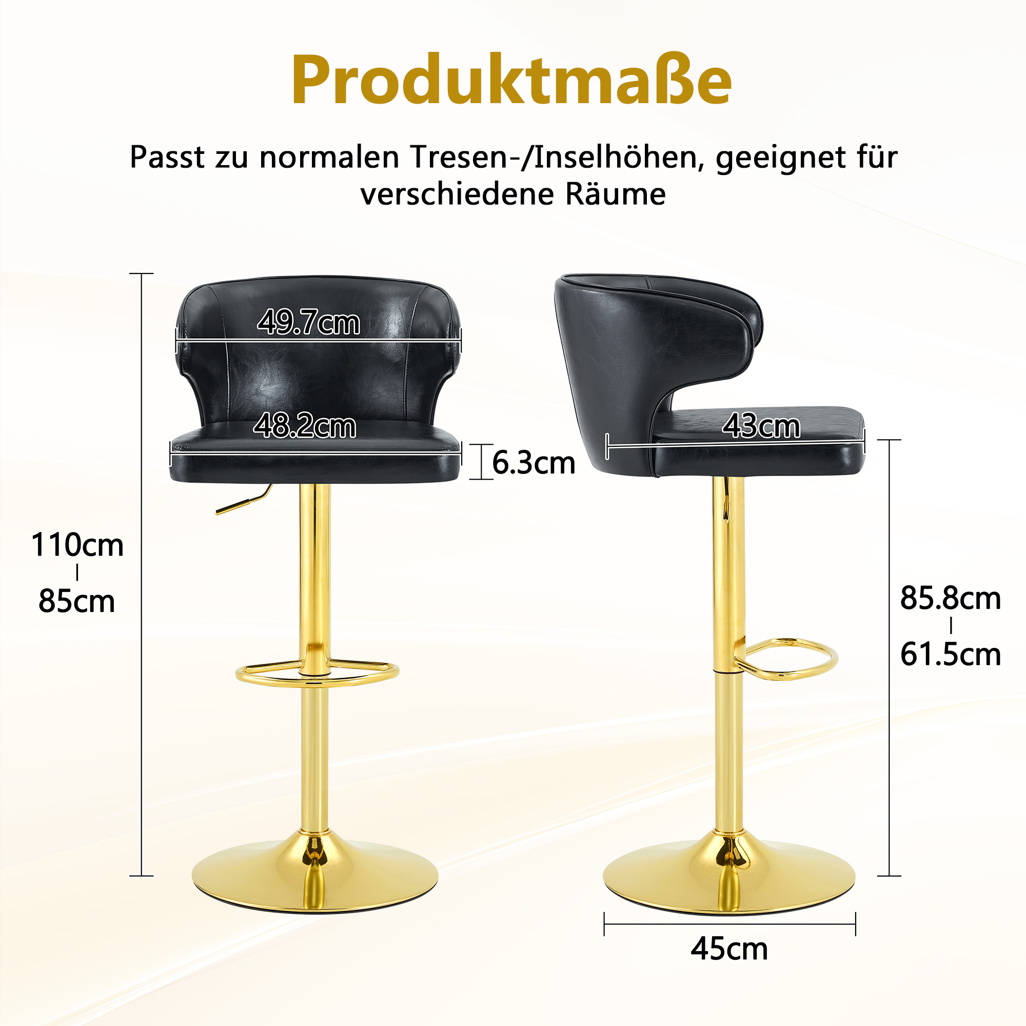 Tabouret de bar, lot de 2, rotation à 360°, hauteur réglable, 49,7 x 45 x 110 cm, PU, noir - vue 4