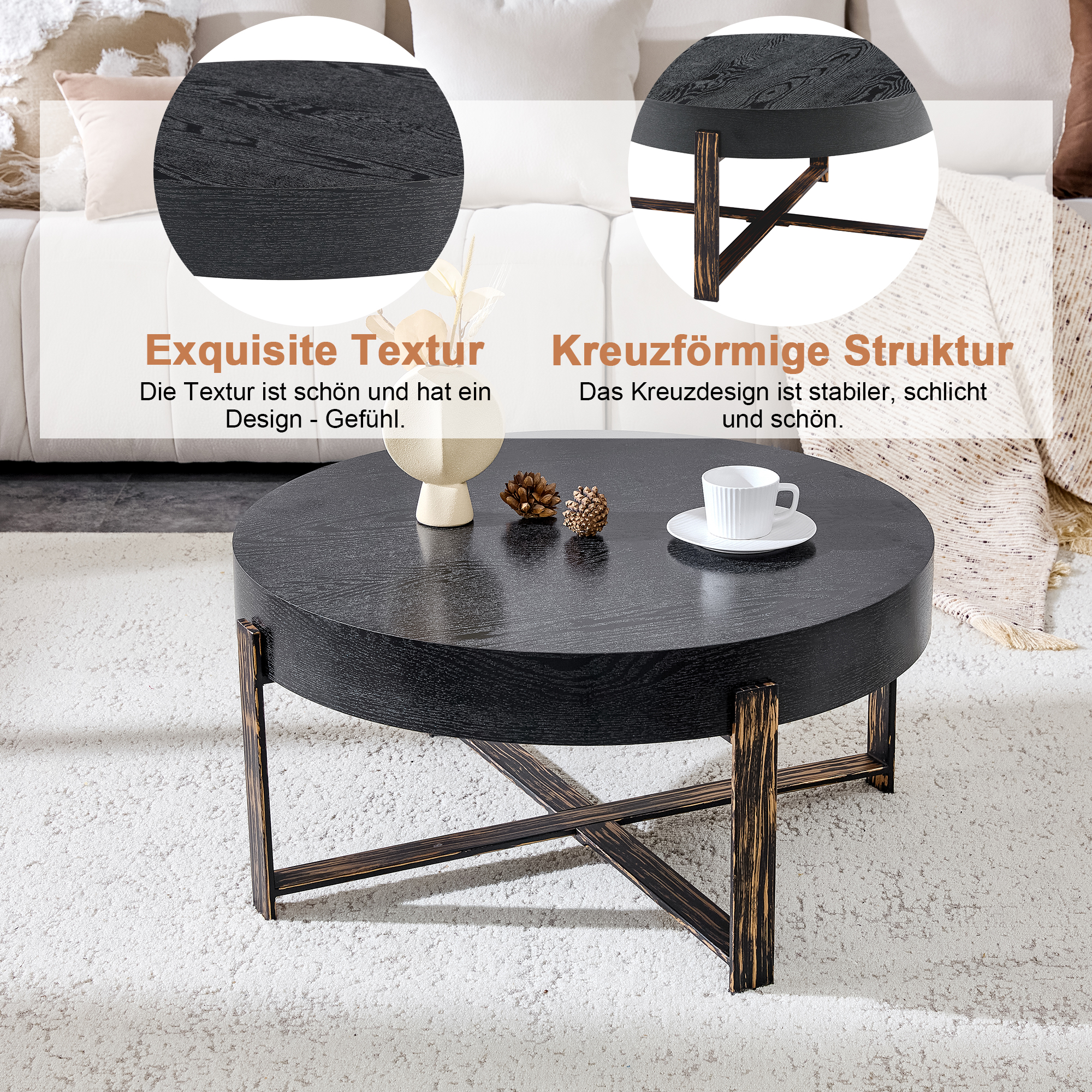 Table basse ronde Ø68 cm, MDF 10 cm imitation bois noir, pieds métal croix bronze antique, hauteur 36 cm, pour salon, design vintage industriel, stabilité, style élégant, facile entretien, décoration - image 9