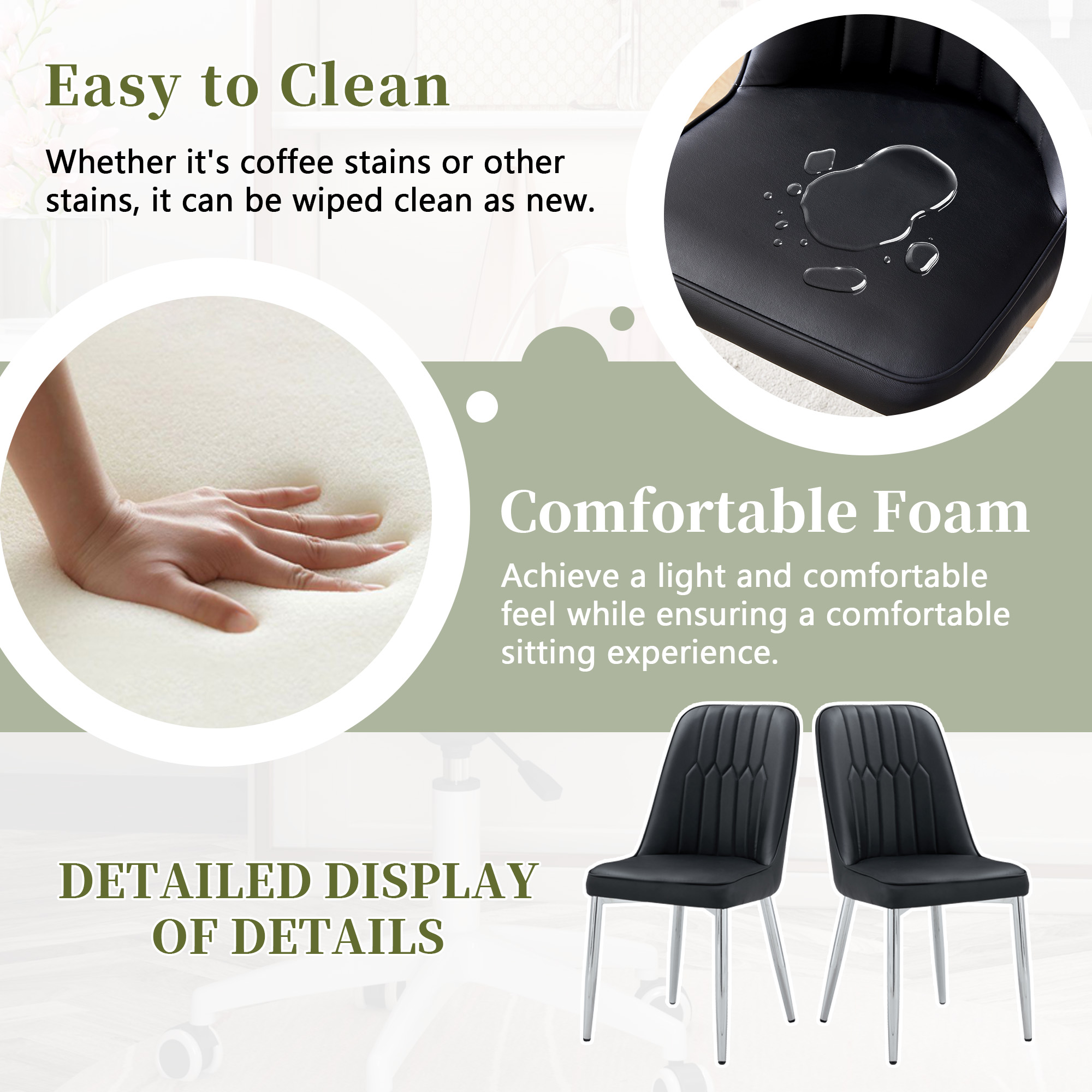Chaise de salle à manger noire en PU cuir, pieds métal argent, dossier ergonomique, pour salle à manger et salon, design moderne industriel, soutien lombaire, haute capacité, style élégant minimaliste - image 3