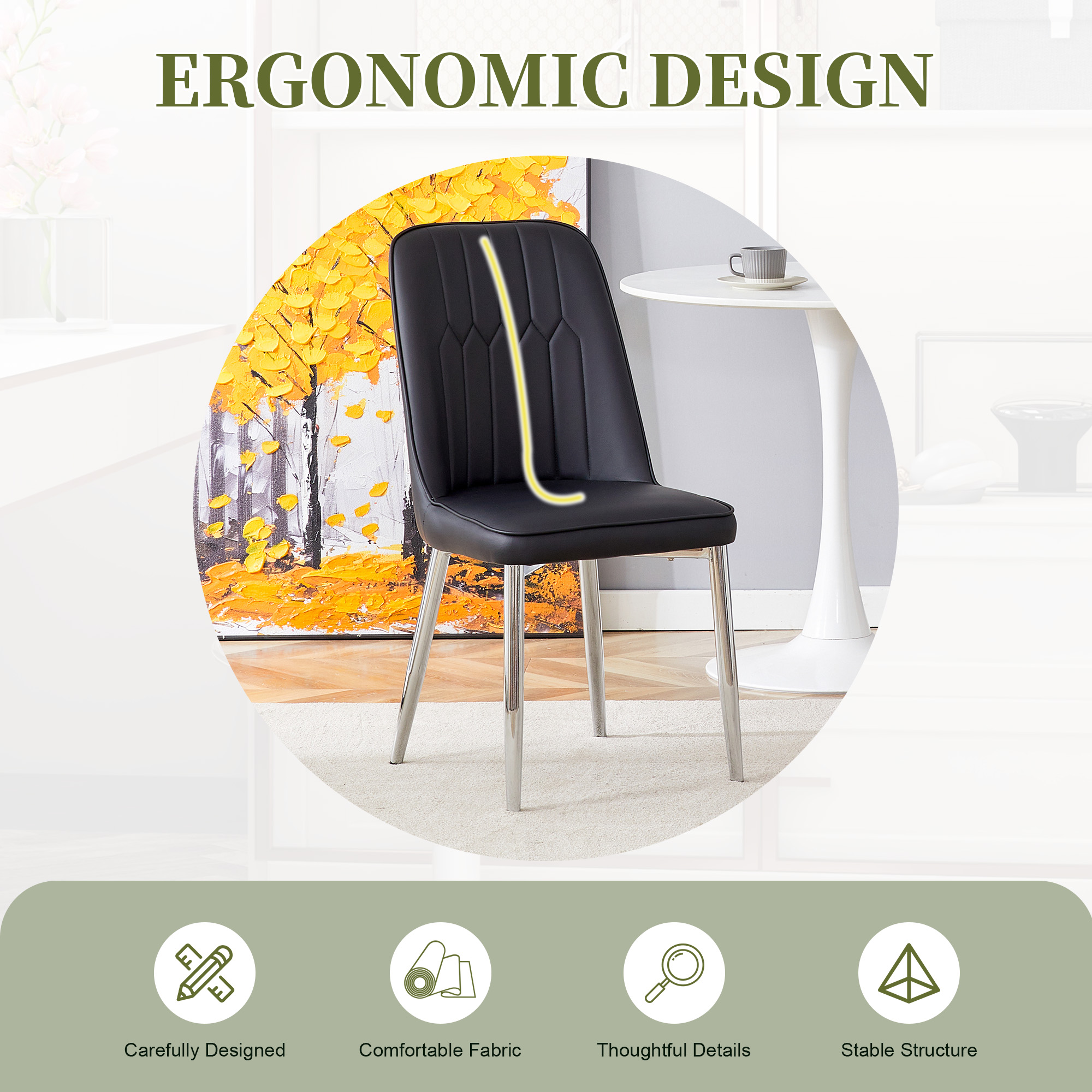 Chaise de salle à manger noire en PU cuir, pieds métal argent, dossier ergonomique, pour salle à manger et salon, design moderne industriel, soutien lombaire, haute capacité, style élégant minimaliste - image 1