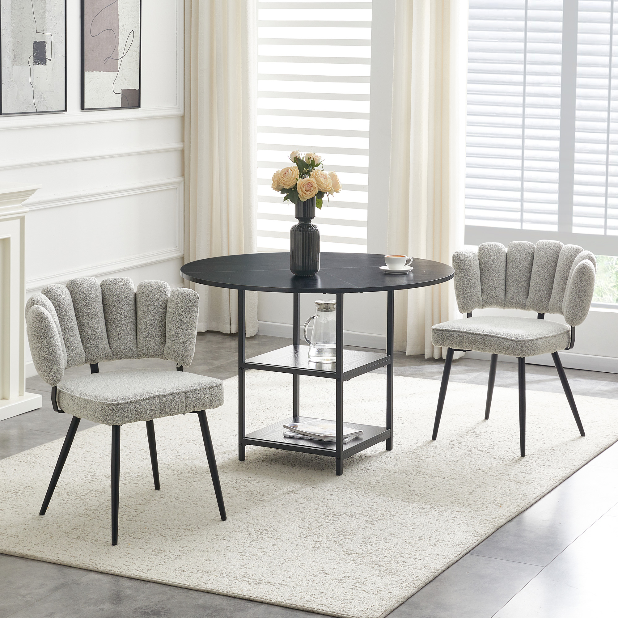 Ensemble table et chaises, 3 pièces, 1 table + 2 chaises, rangement intégré, tissu et métal, gris clair - vue 2