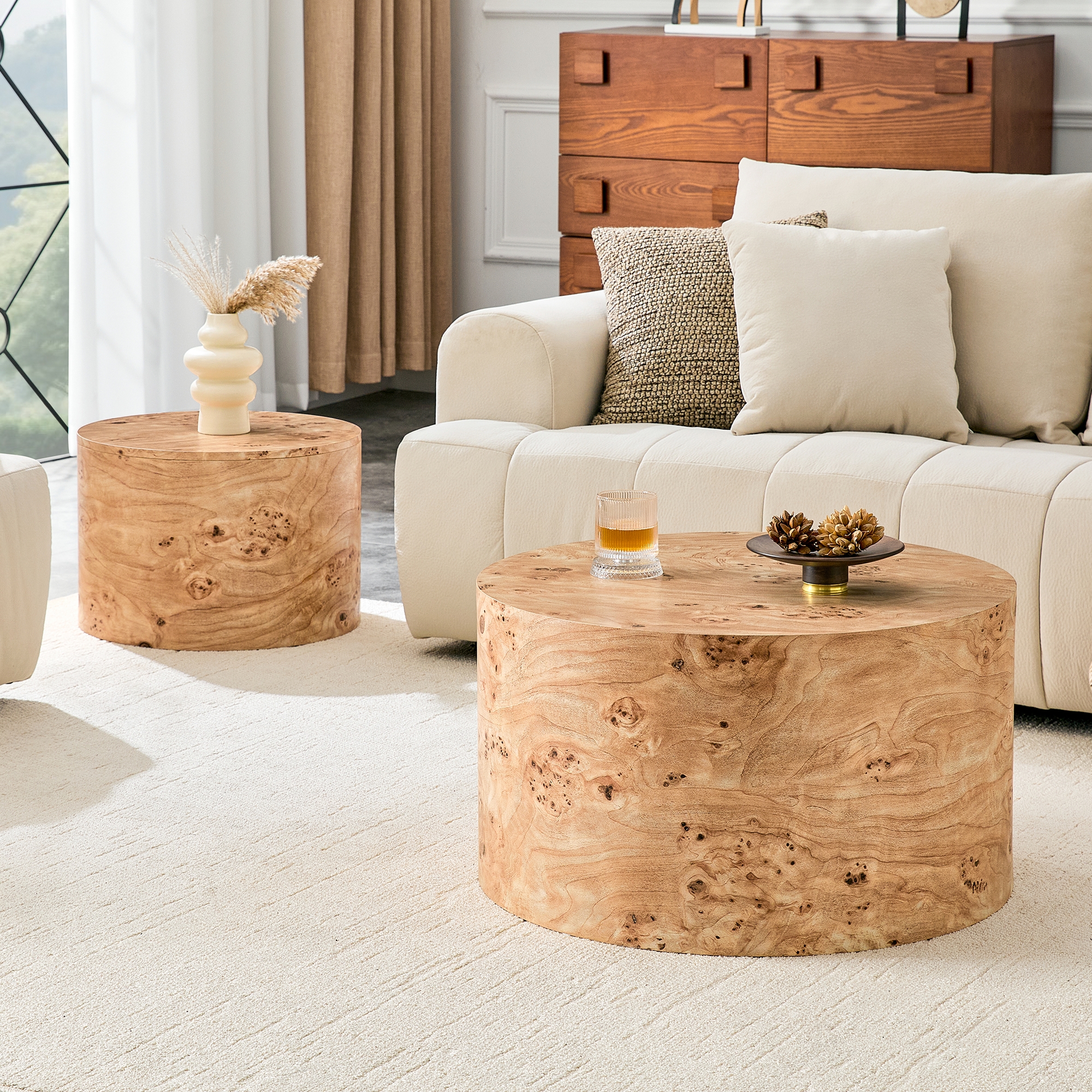 Lot de 2 tables basses gigognes, tables d’appoint Ø 62,8 cm, MDF, Effet bois naturel