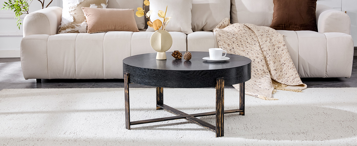 Table basse ronde Ø68 cm, MDF 10 cm imitation bois noir, pieds métal croix bronze antique, hauteur 36 cm, pour salon, design vintage industriel, stabilité, style élégant, facile entretien, décoration - image 4