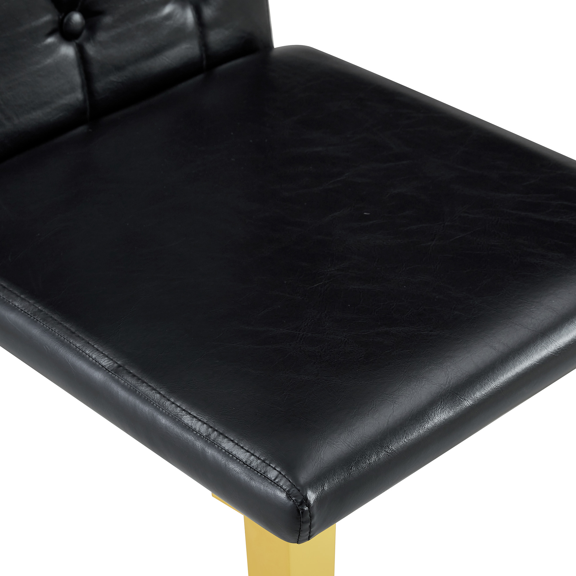 Chaise de salle à manger PU noir avec dossier losange capitonné, mousse 5 cm, assise 42×43 cm, pieds métal doré brillant, pour salle à manger, design européen classique, confort durable, style luxueux, stabilité - image 15