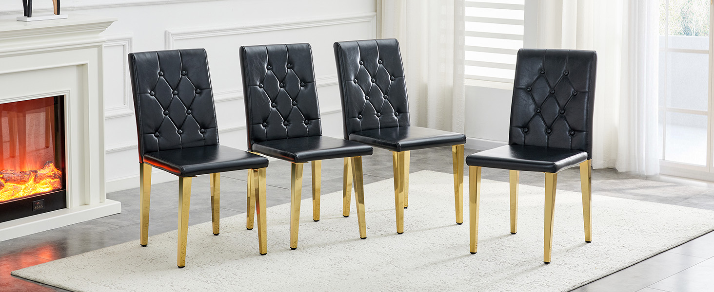 Chaise de salle à manger PU noir avec dossier losange capitonné, mousse 5 cm, assise 42×43 cm, pieds métal doré brillant, pour salle à manger, design européen classique, confort durable, style luxueux, stabilité - image 10