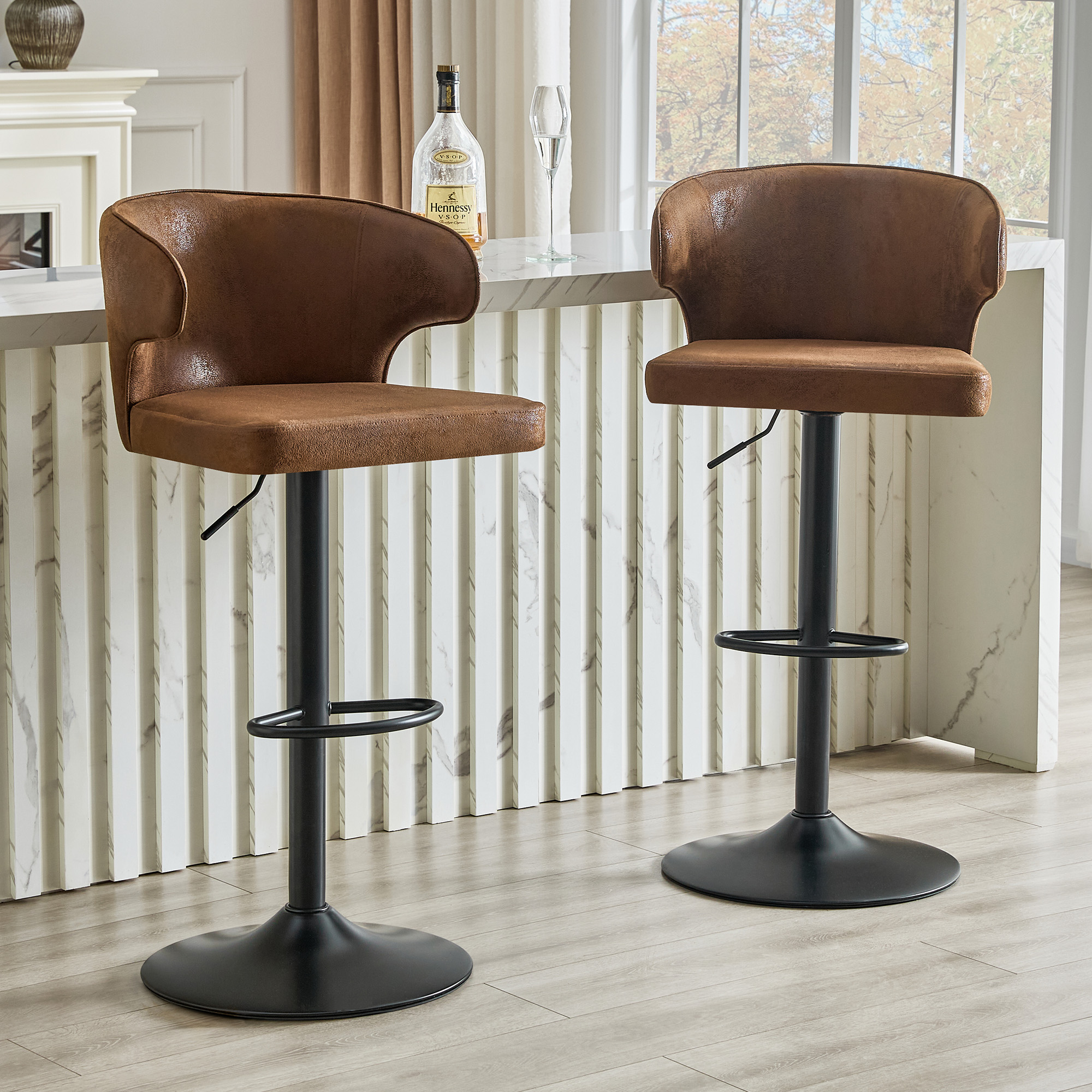Tabouret de bar, lot de 2, rotation à 360°, hauteur réglable, 49,7 x 45 x 110 cm, tissu, marron - vue 1