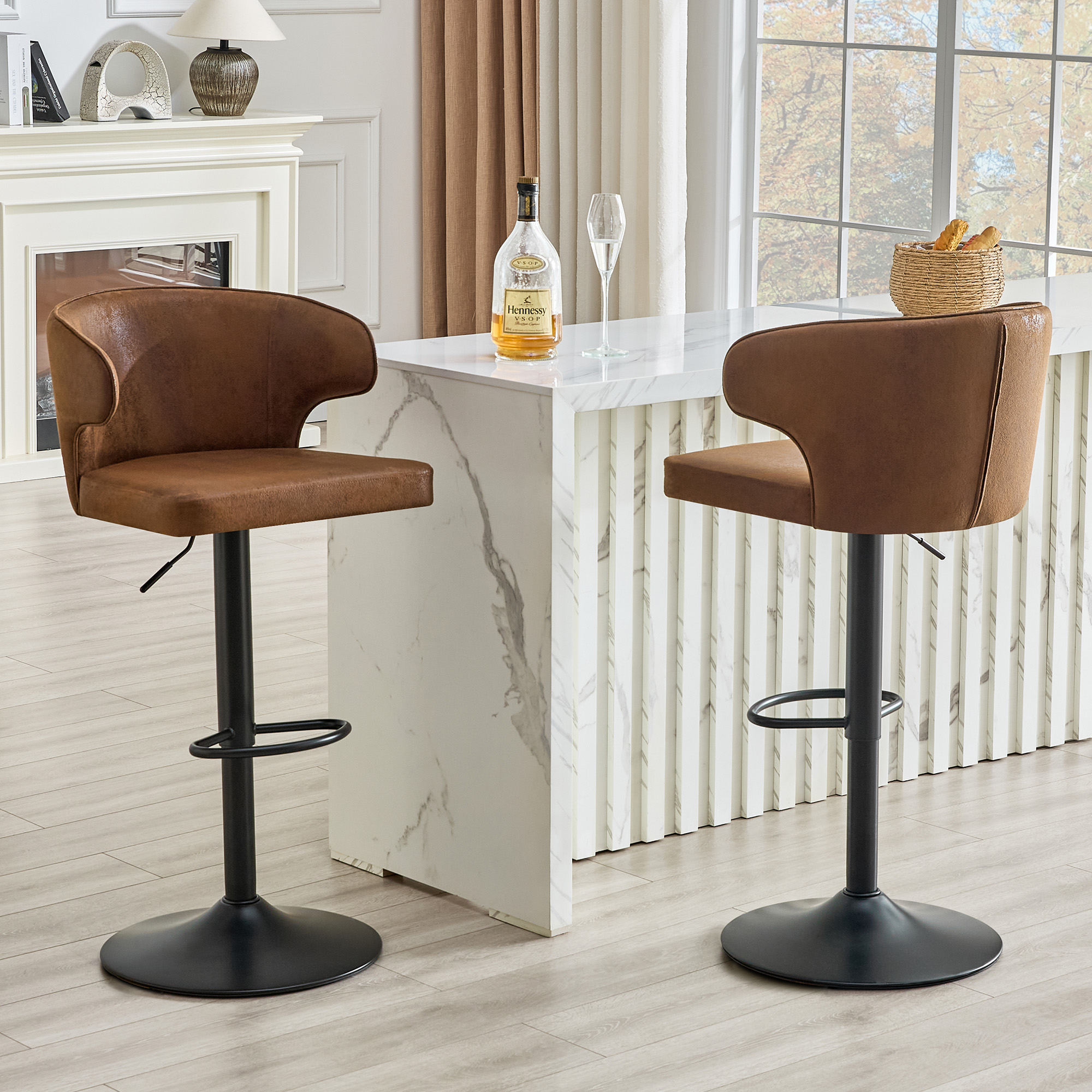 Tabouret de bar, lot de 2, rotation à 360°, hauteur réglable, 49,7 x 45 x 110 cm, tissu, marron - vue 2