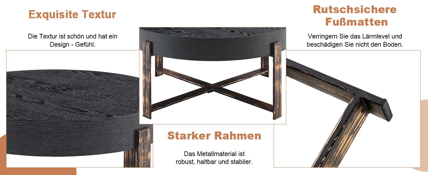 Table basse ronde Ø68 cm, MDF 10 cm imitation bois noir, pieds métal croix bronze antique, hauteur 36 cm, pour salon, design vintage industriel, stabilité, style élégant, facile entretien, décoration - image 6