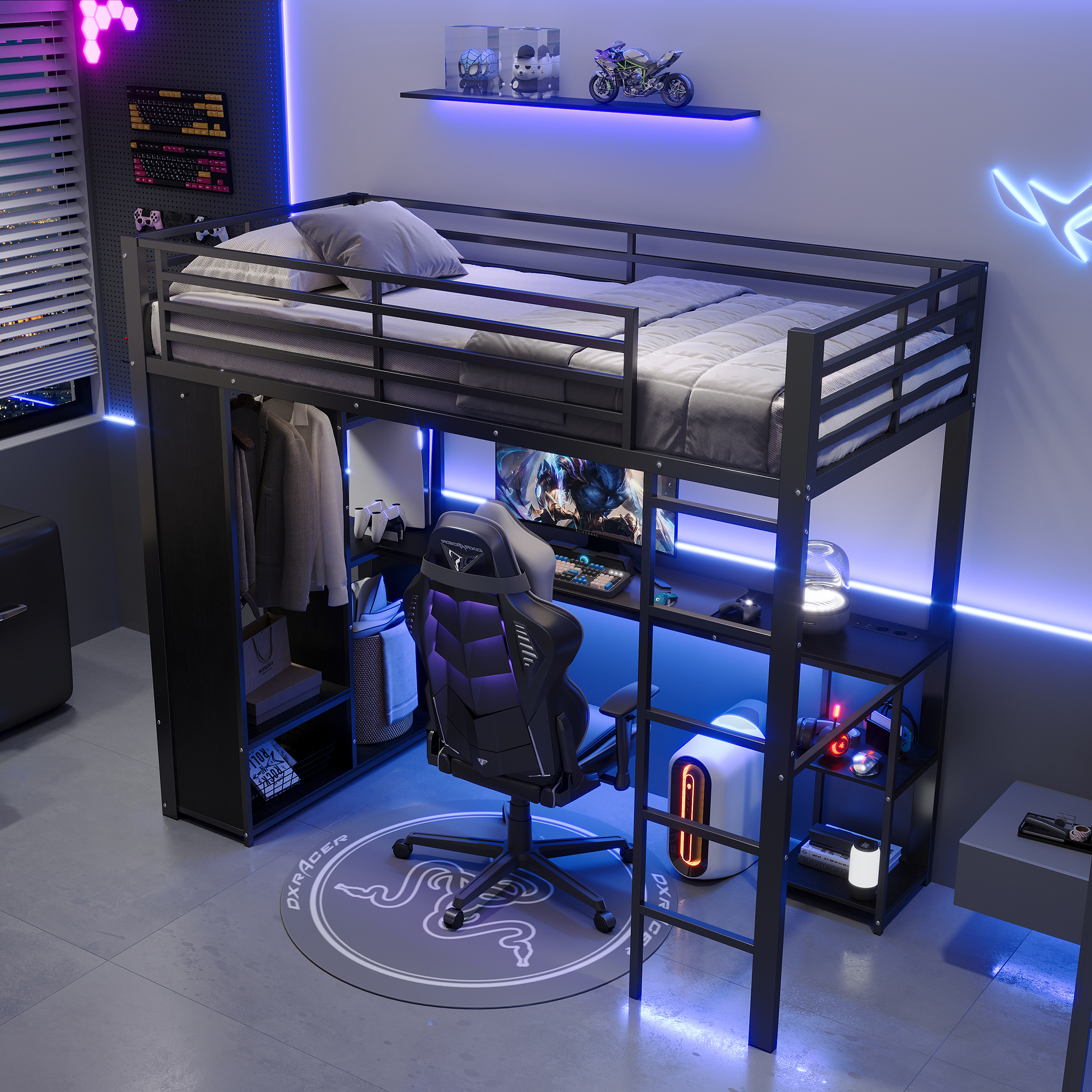 Lit mezzanine noir 90x200 cm avec bureau, étagères, penderie ouverte, LED et prises USB USB-C