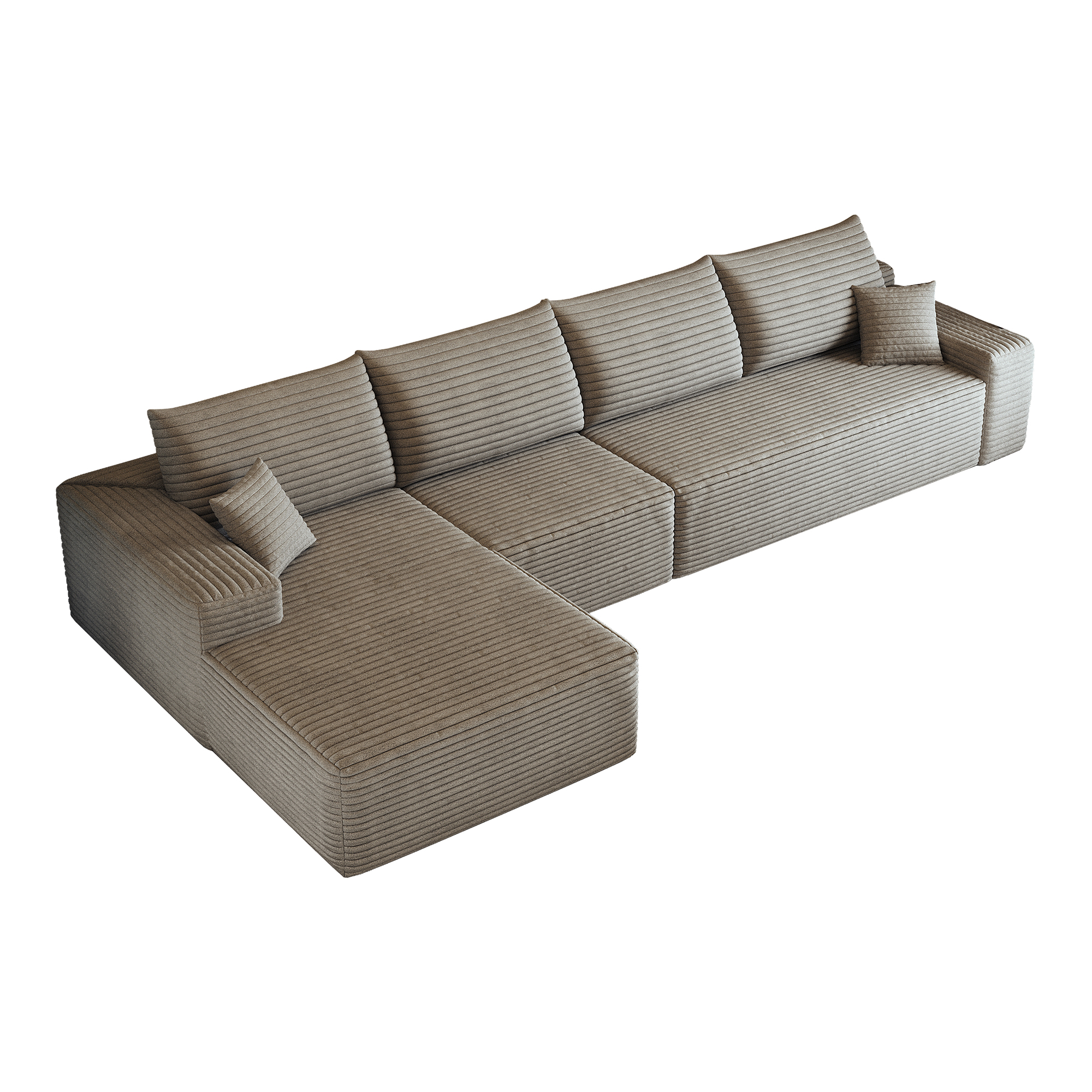 Canapé d’angle en L 4 places 270 x 175 x 83 cm, convertible, modulable, sans montage, en velours côtelé, Camel - détails