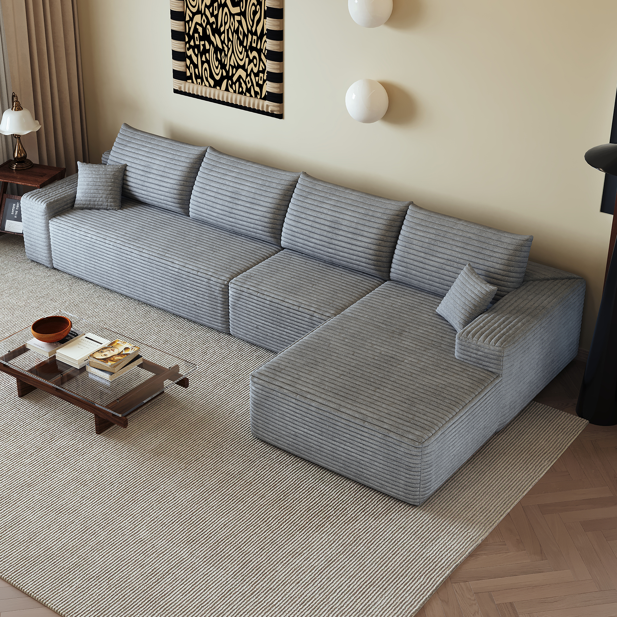 Canapé d’angle en L 4 places 270 x 175 x 83 cm, convertible, modulable, sans montage, en velours côtelé, Gris - vue complémentaire