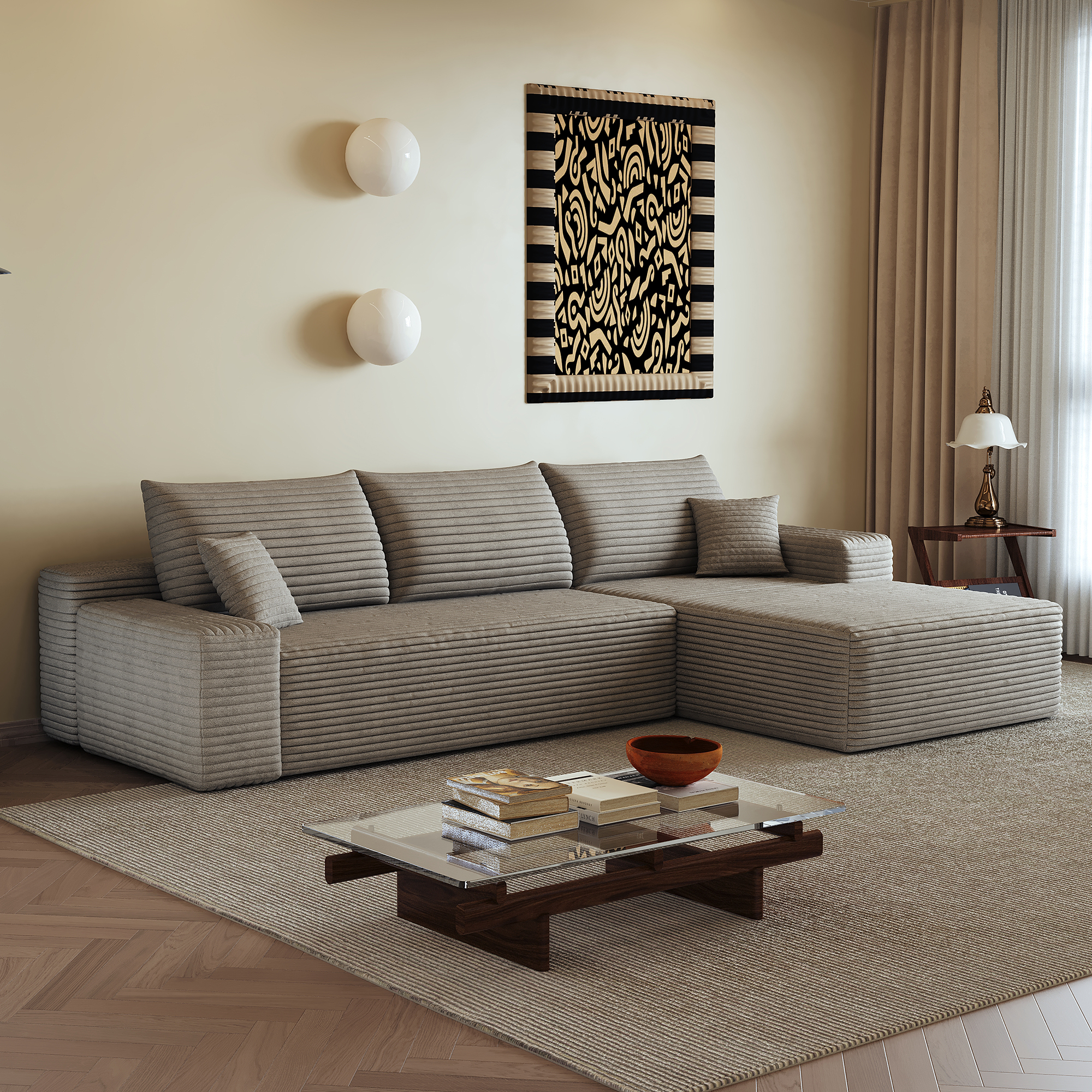 Canapé d’angle convertible en L 3 places 270 x 175 x 83 cm, Velours côtelé, camel - vue principale 1