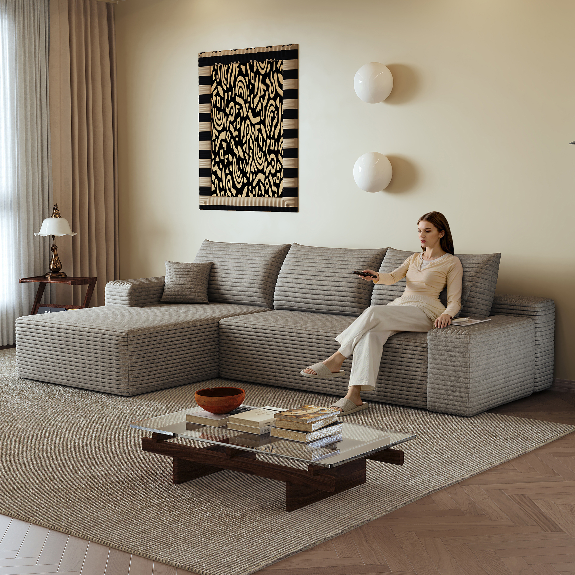 Canapé d’angle convertible en L 3 places 270 x 175 x 83 cm, Velours côtelé, camel - présentation 1