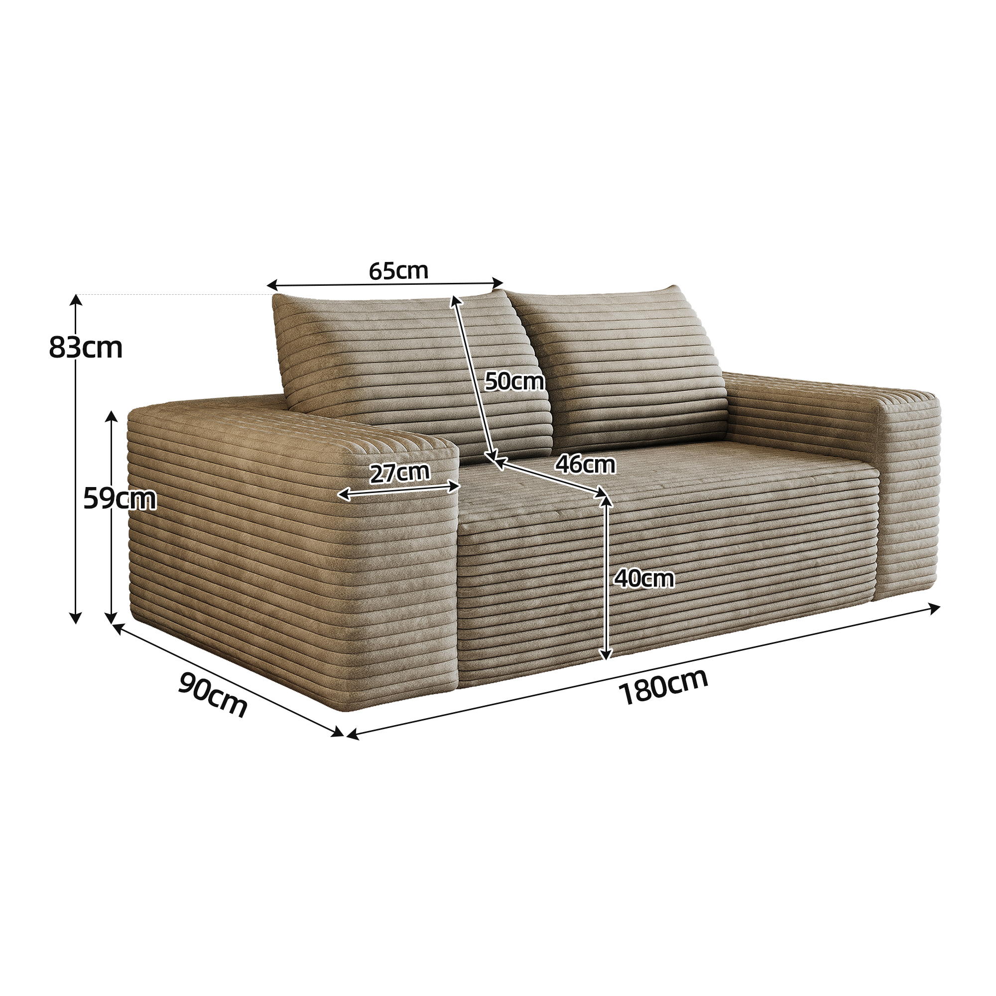 Canapé modulable 3 places 180 x 90 x 83 cm, Velours côtelé, camel - spécifications 1