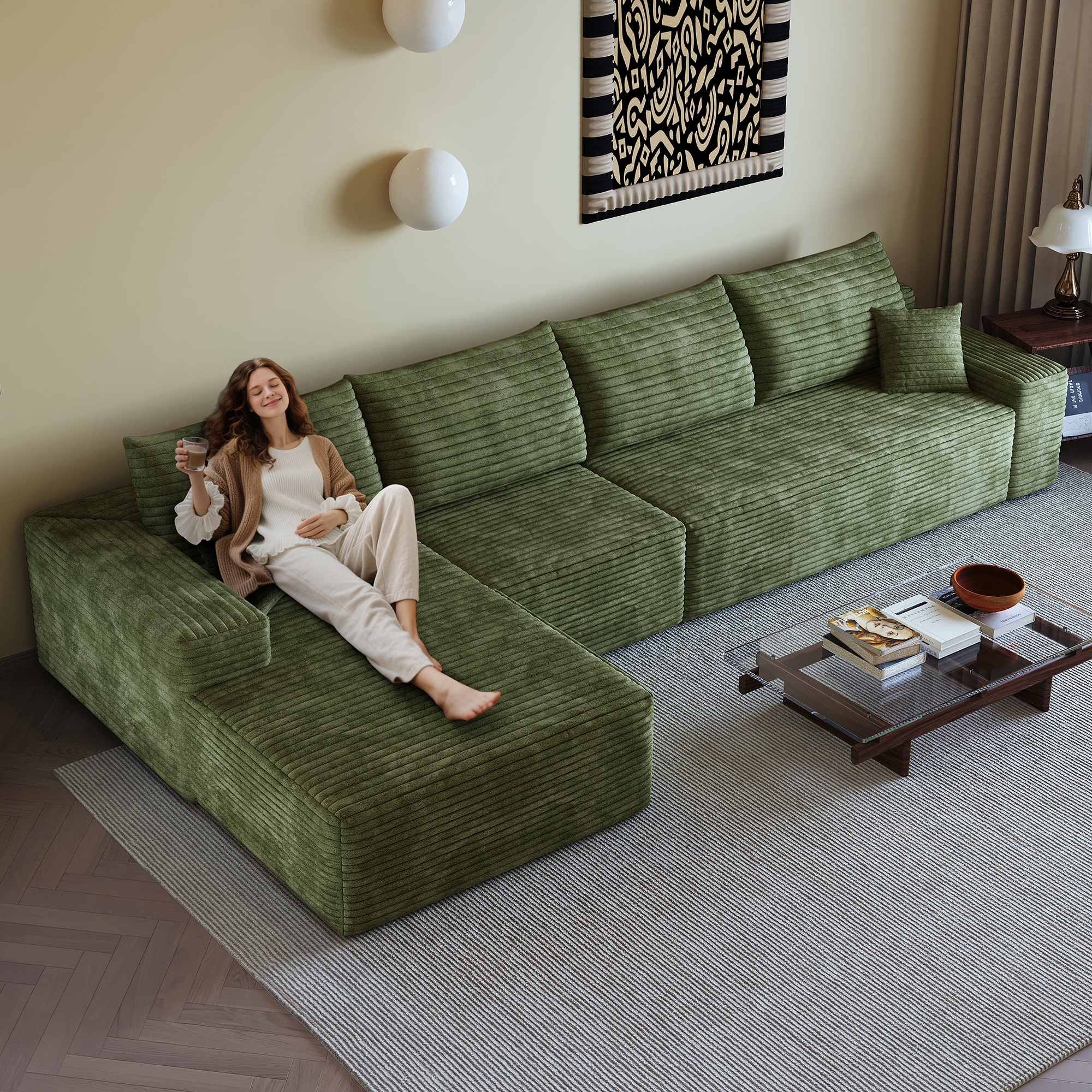 Canapé d’angle en L 4 places 270 x 175 x 83 cm, convertible, modulable, sans montage, en velours côtelé, Vert - vue principale