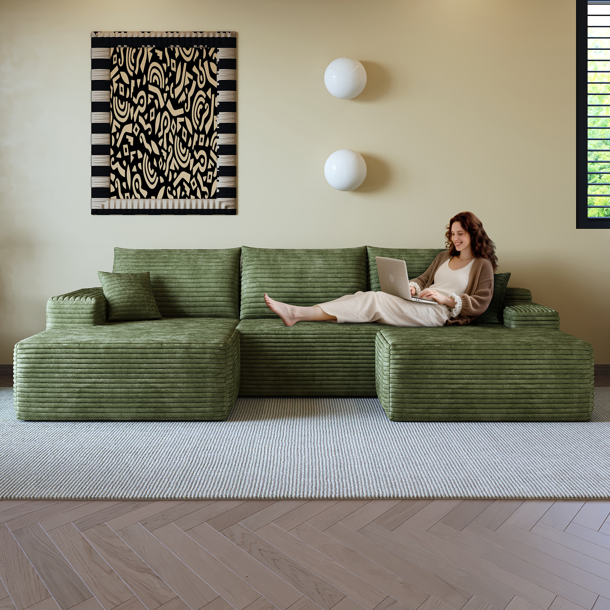 Canapé d’angle modulable 4 places 270 x 175 x 83 cm canapé en L avec méridienne, velours côtelé, Vert - spécifications 1