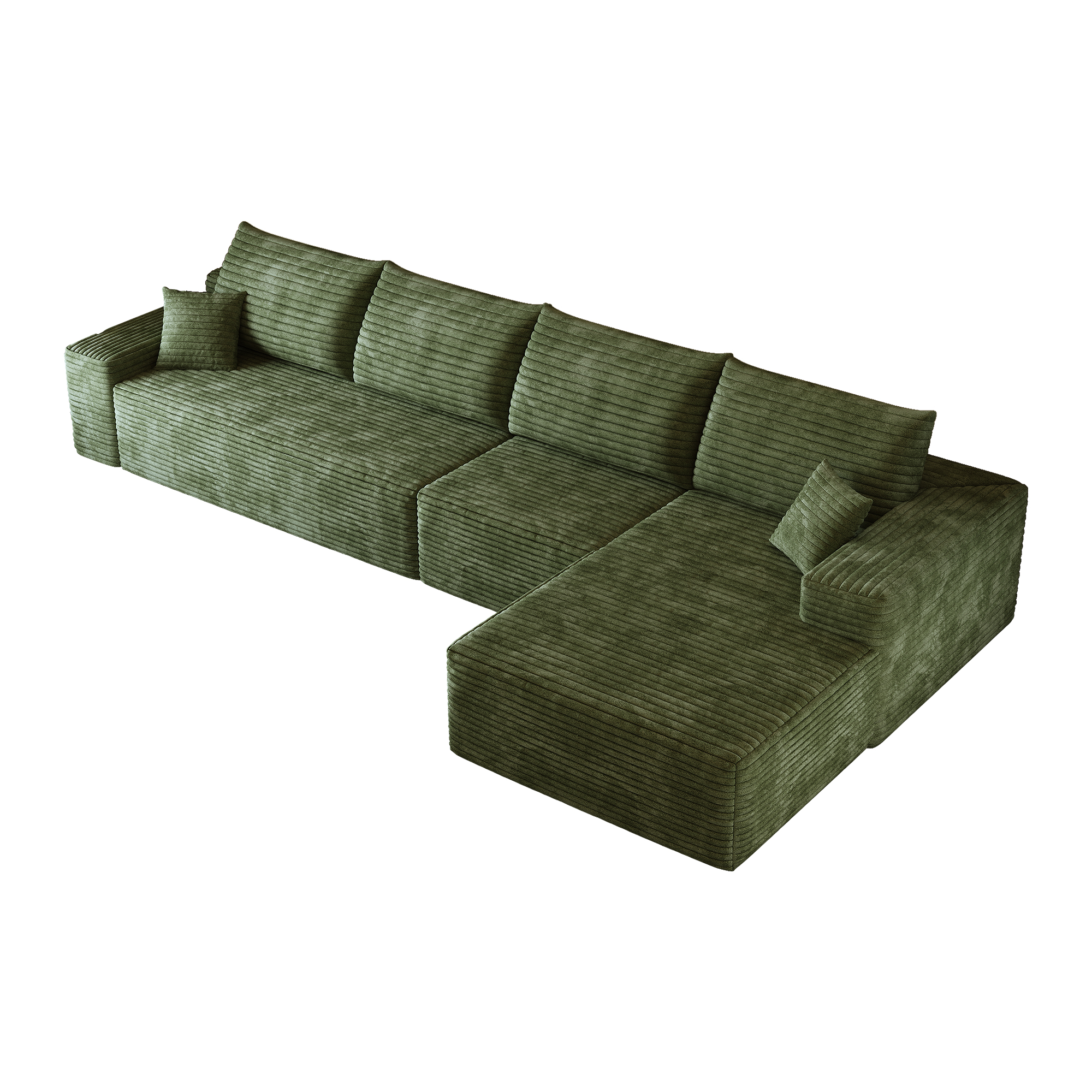 Canapé d’angle en L 4 places 270 x 175 x 83 cm, convertible, modulable, sans montage, en velours côtelé, Vert - détails