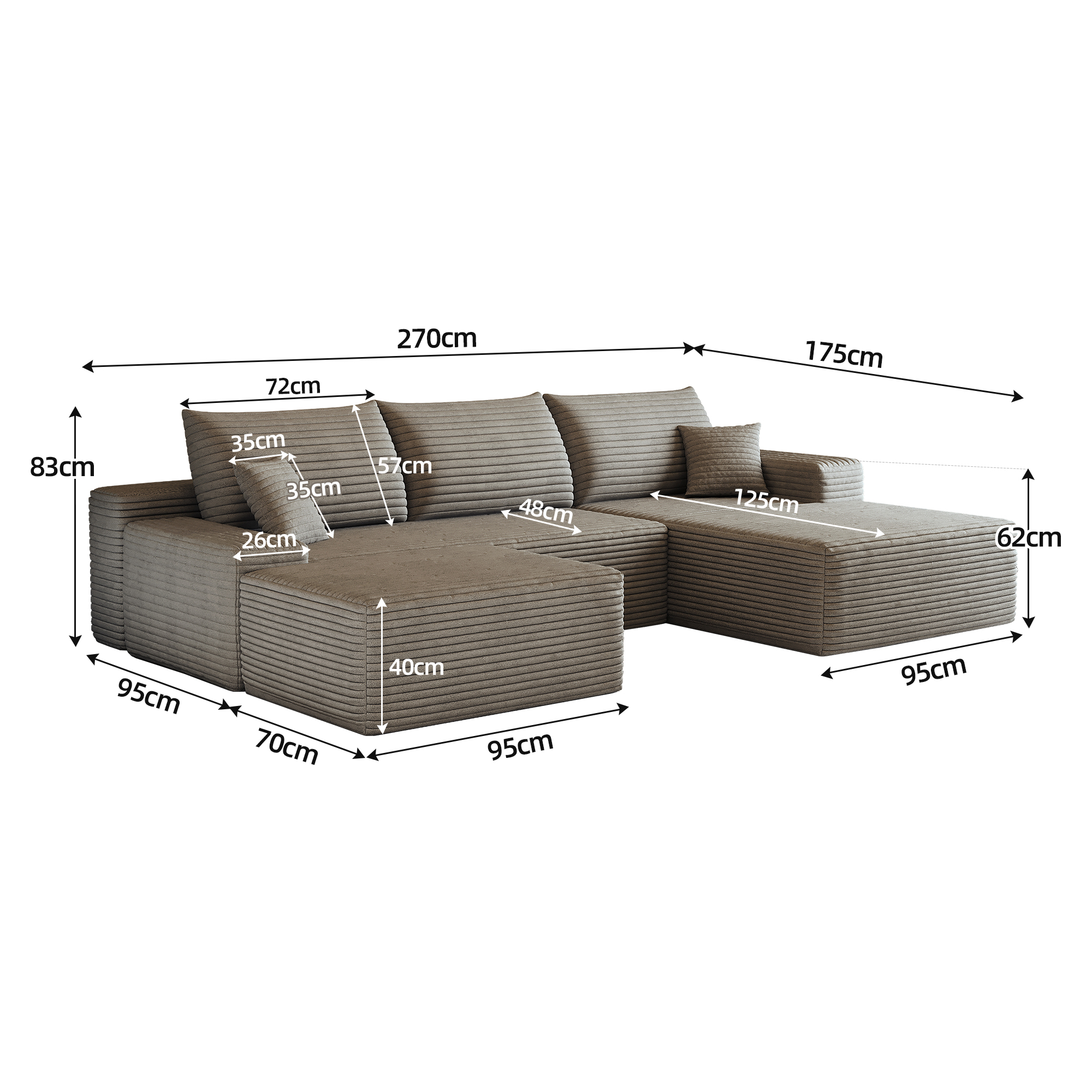 Canapé d’angle modulable 4 places 270 x 175 x 83 cm canapé en L avec méridienne, velours côtelé, Camel - vue complémentaire 1