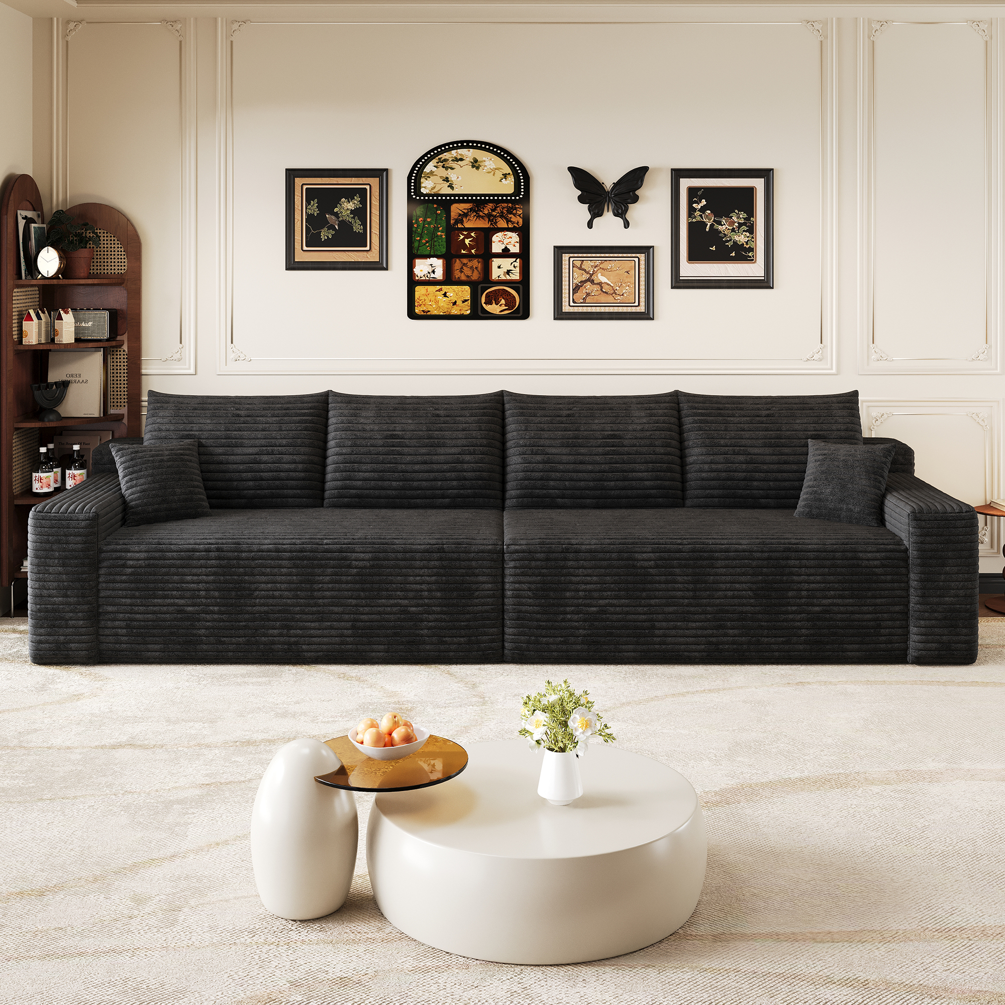 Canapé convertible 4 places 302 x 91 x 58 cm, Velours côtelé, noir - vue principale 1
