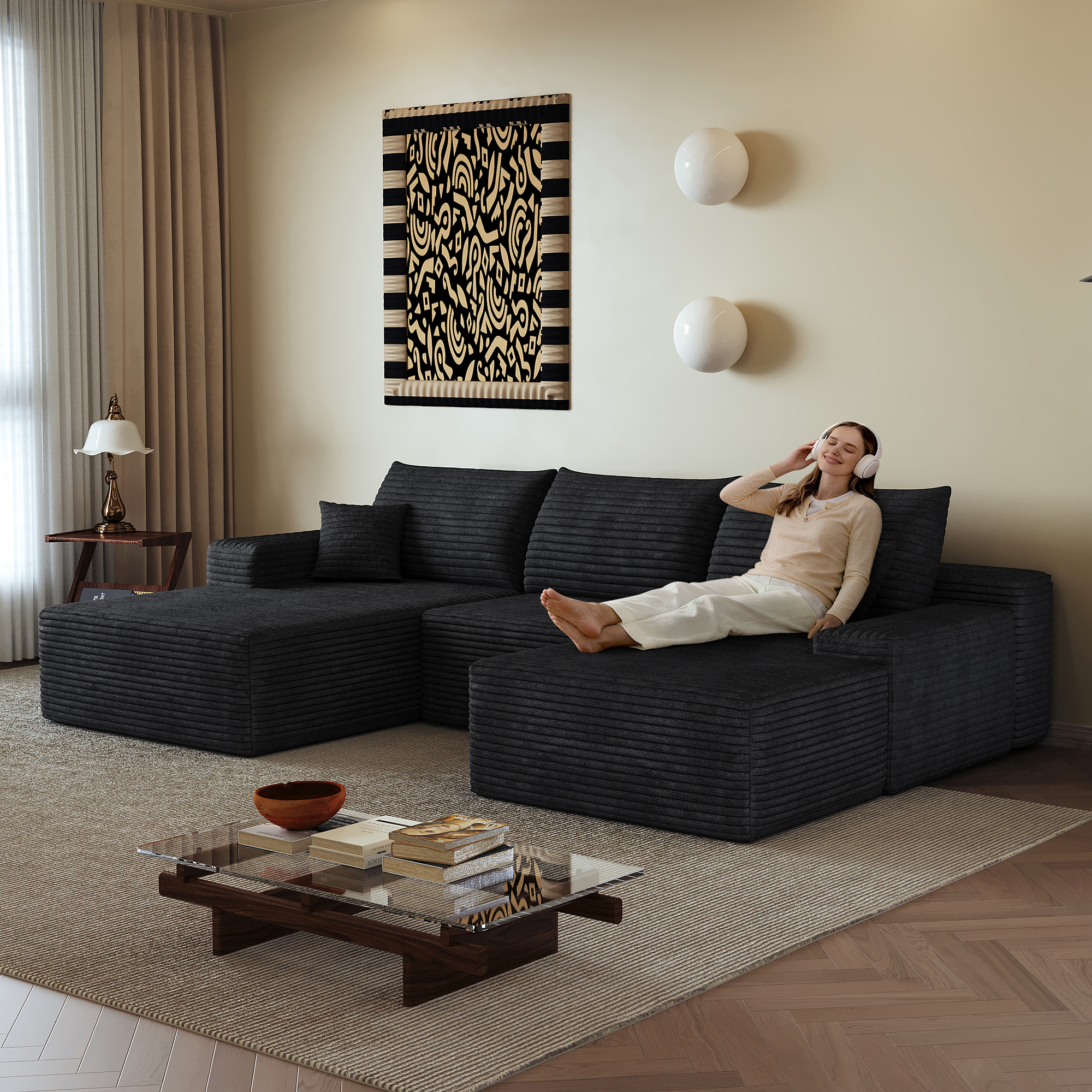 Canapé d’angle modulable 4 places 270 x 175 x 83 cm canapé en L avec méridienne, velours côtelé, Noir - présentation 1