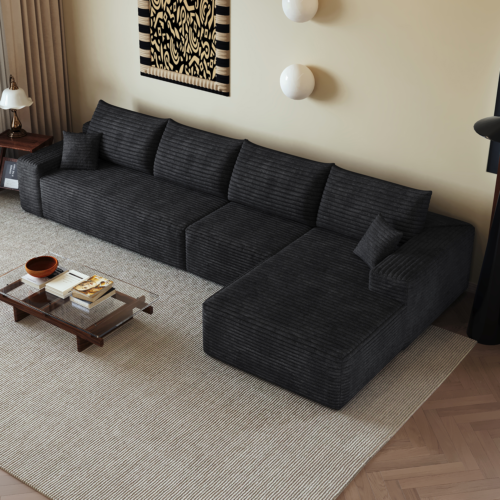 Canapé d’angle en L 4 places 270 x 175 x 83 cm, convertible, modulable, sans montage, en velours côtelé, Noir - vue complémentaire
