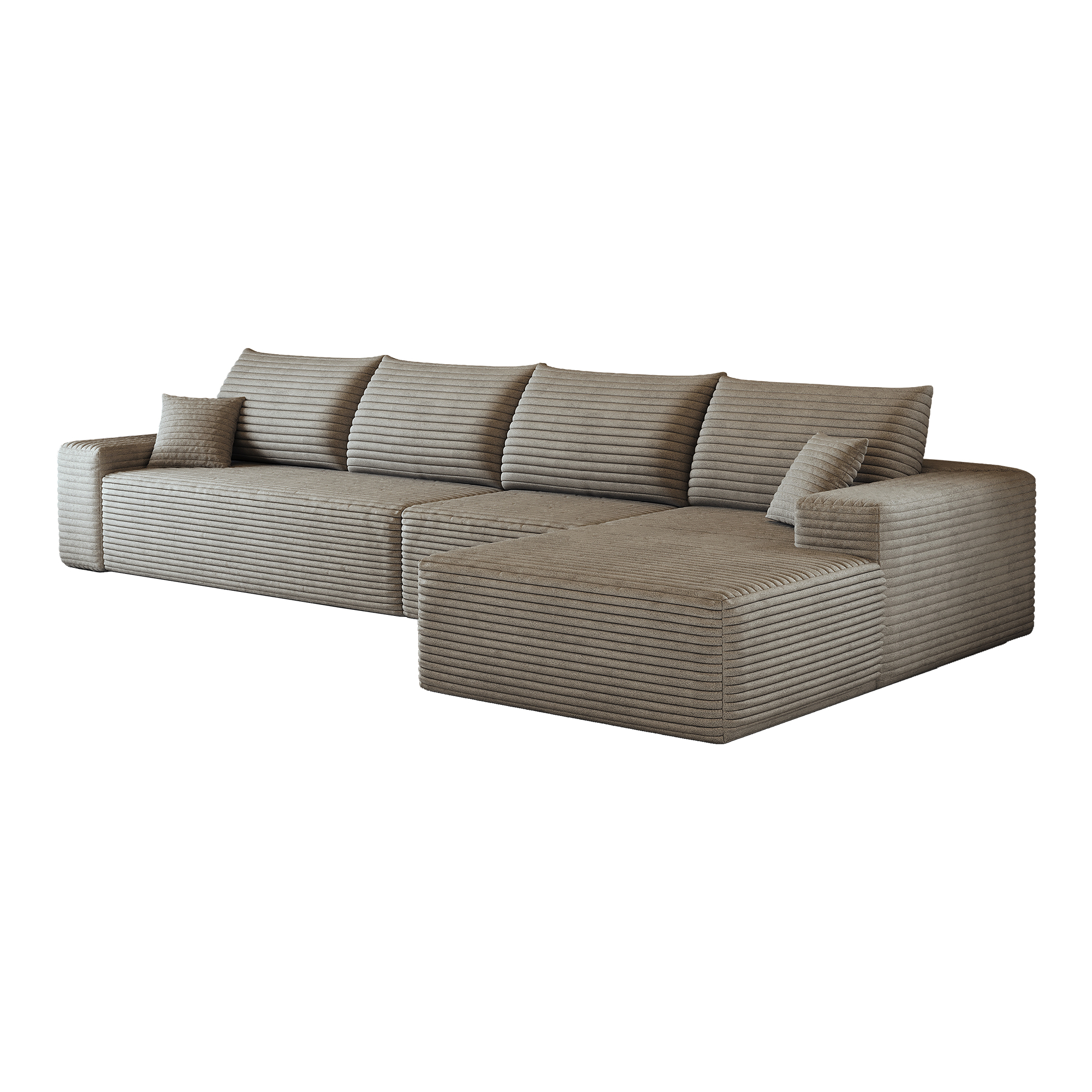 Canapé d’angle en L 4 places 270 x 175 x 83 cm, convertible, modulable, sans montage, en velours côtelé, Camel - détails