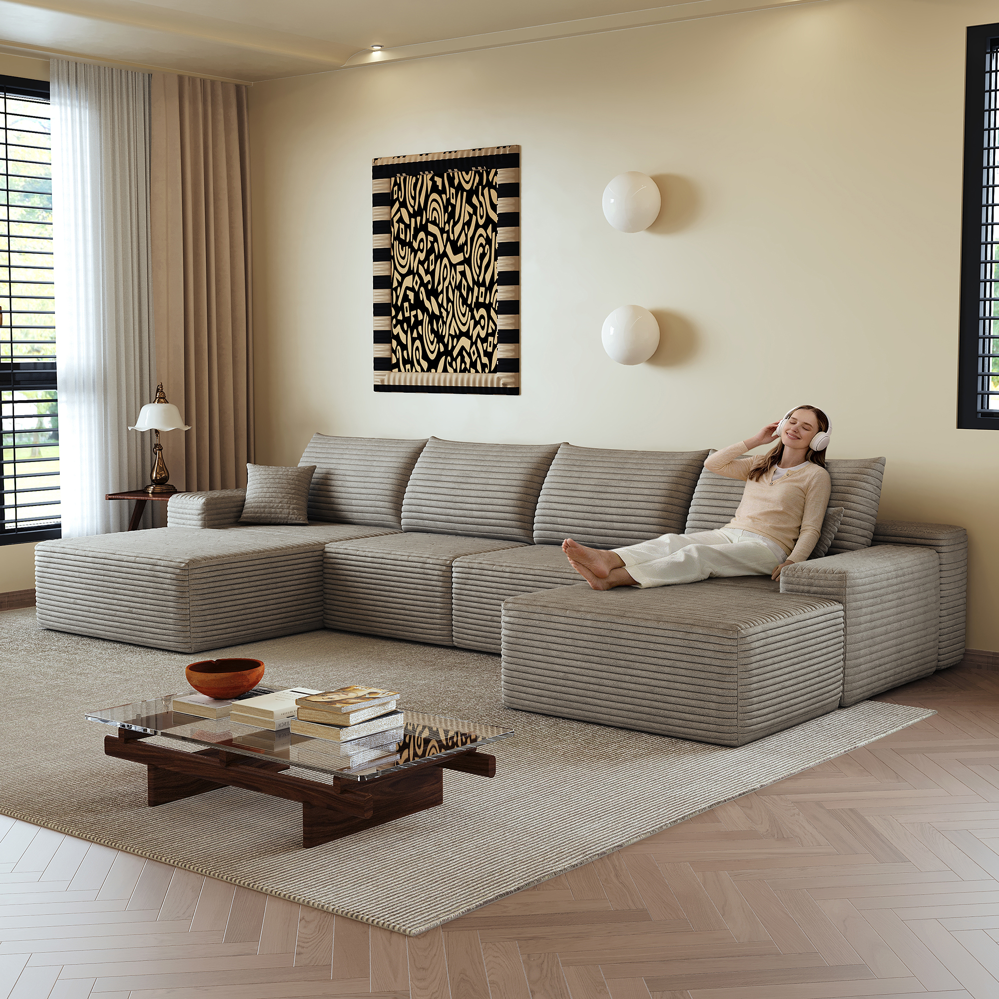 Canapé d’angle en L 5 places 270 x 175 x 83 cm, convertible, modulable, sans montage, en velours côtelé, Camel - vue principale