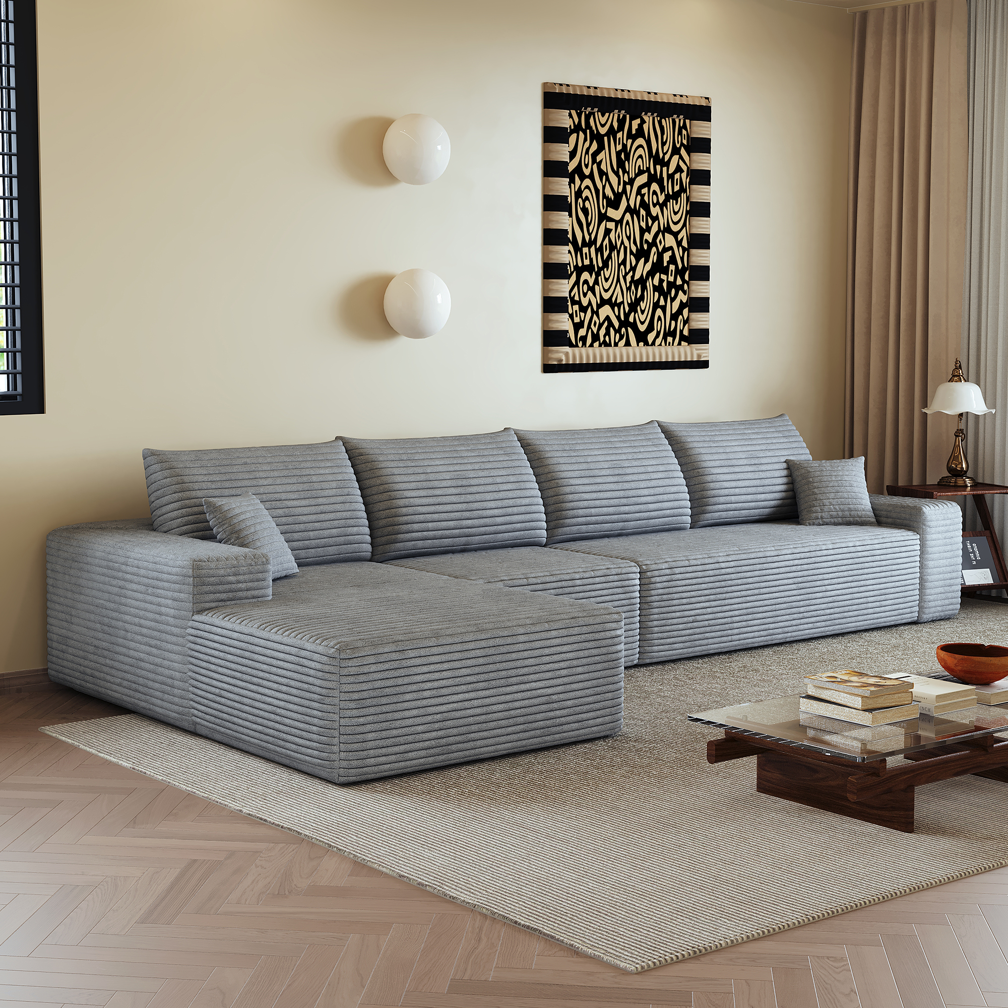 Canapé d’angle en L 4 places 270 x 175 x 83 cm, convertible, modulable, sans montage, en velours côtelé, Gris - dimensions et spécifications