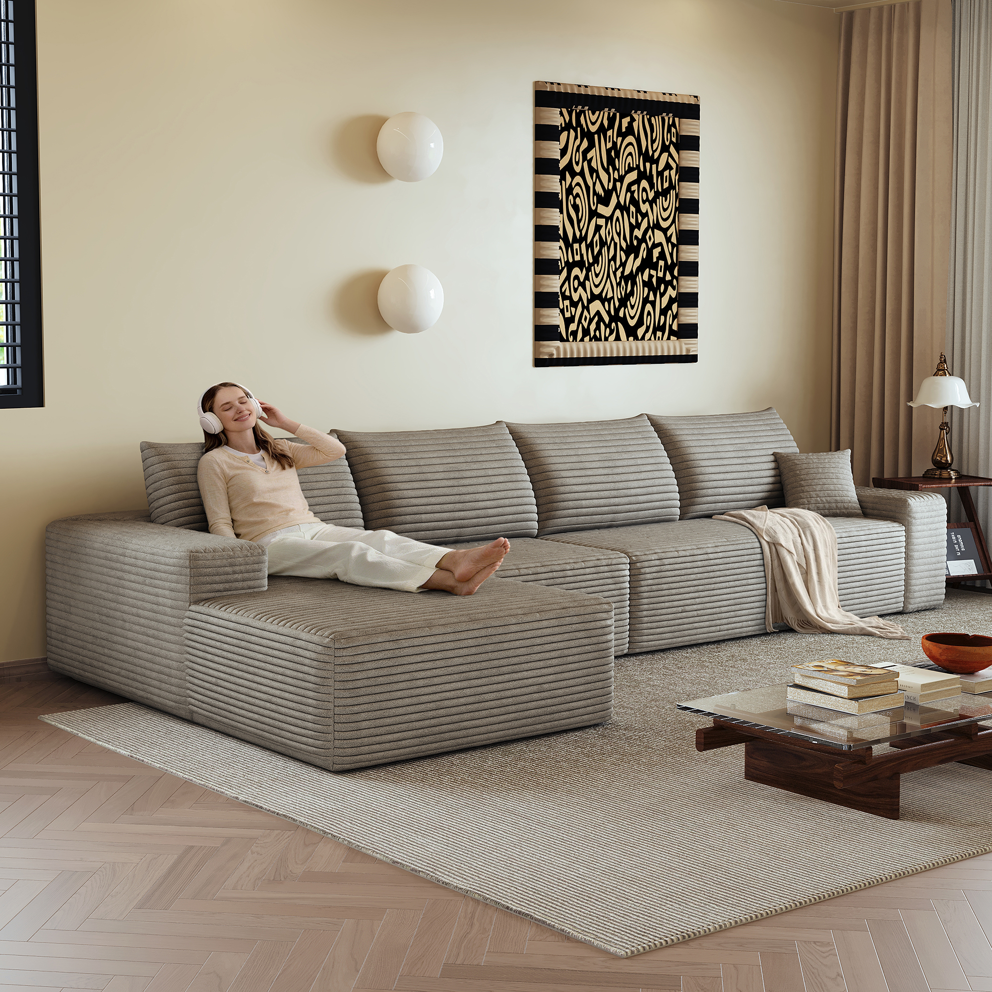 Canapé d’angle en L 4 places 270 x 175 x 83 cm, convertible, modulable, sans montage, en velours côtelé, Camel - vue principale