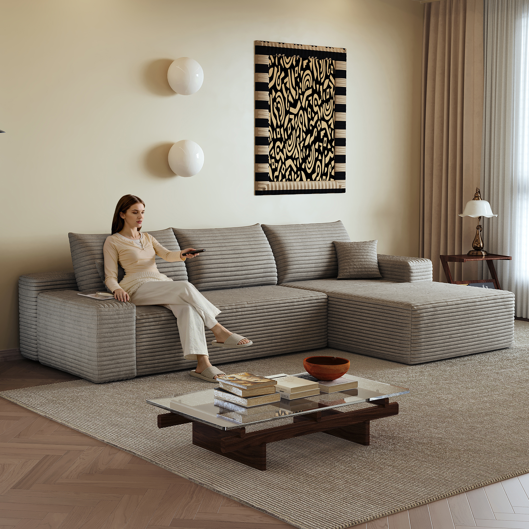 Canapé d’angle convertible en L 3 places 270 x 175 x 83 cm, Velours côtelé, camel - présentation 1