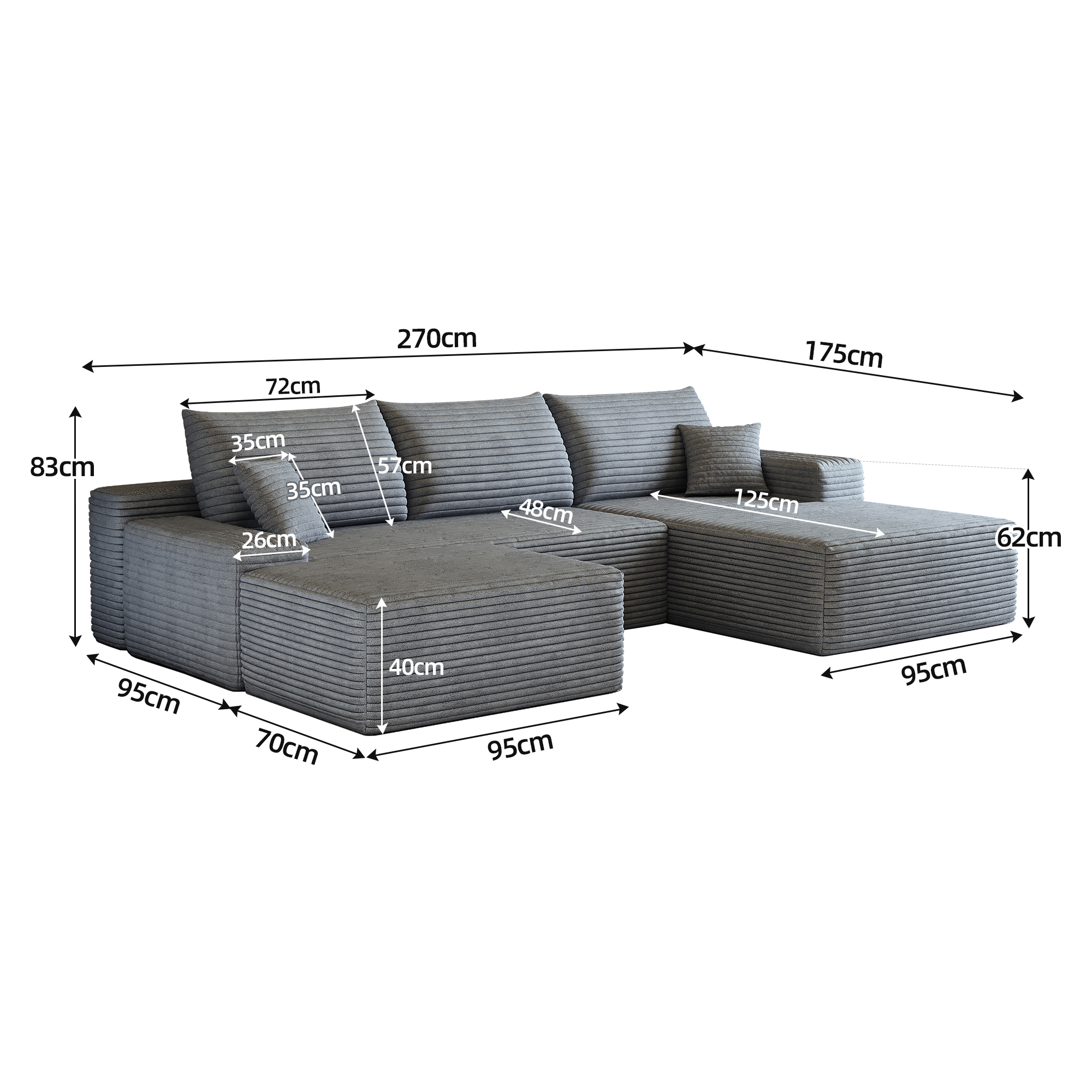 Canapé d’angle modulable 4 places 270 x 175 x 83 cm canapé en L avec méridienne, velours côtelé, Gris - vue complémentaire 1