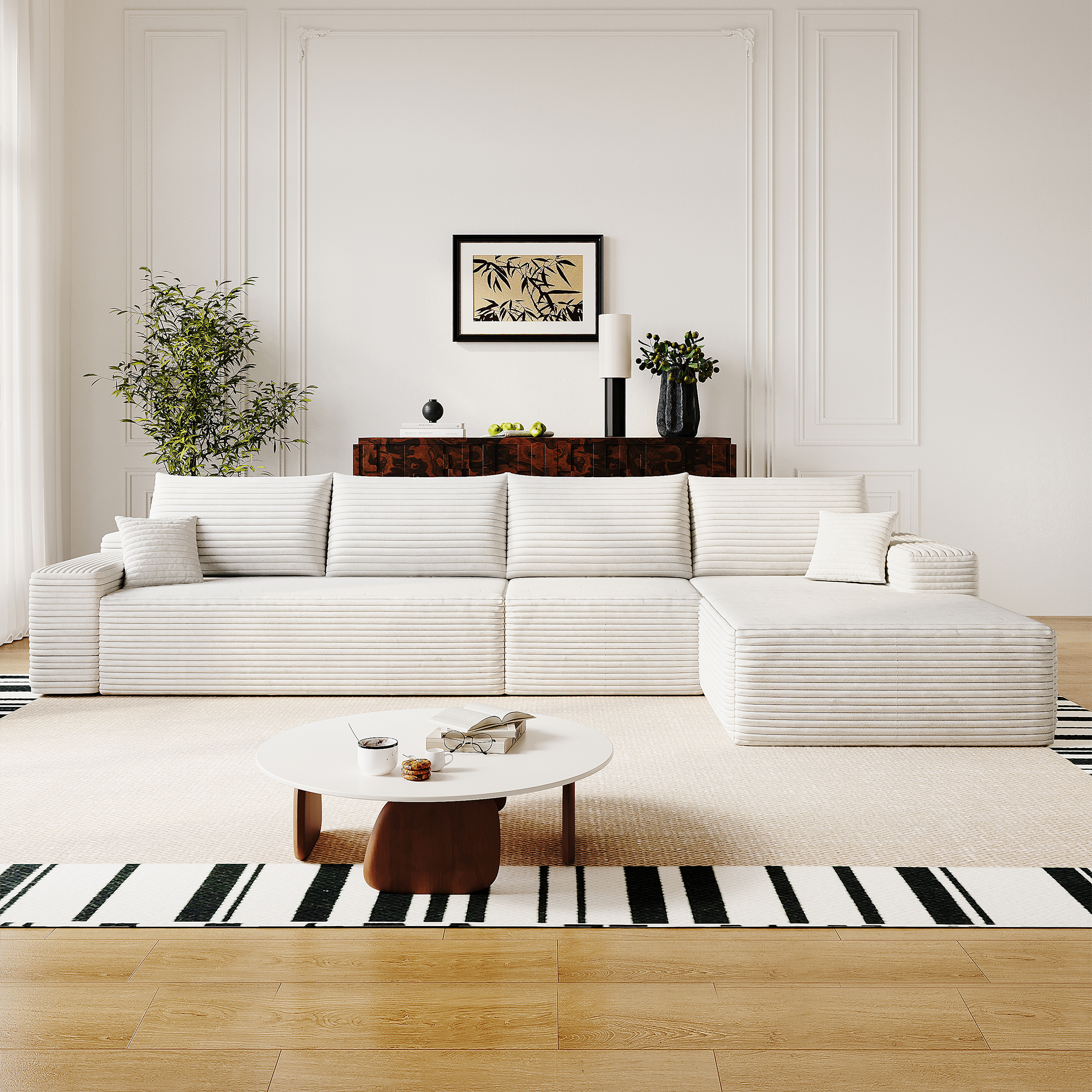 Canapé d’angle en L 4 places 270 x 175 x 83 cm, convertible, modulable, sans montage, en velours côtelé, Blanc - vue principale