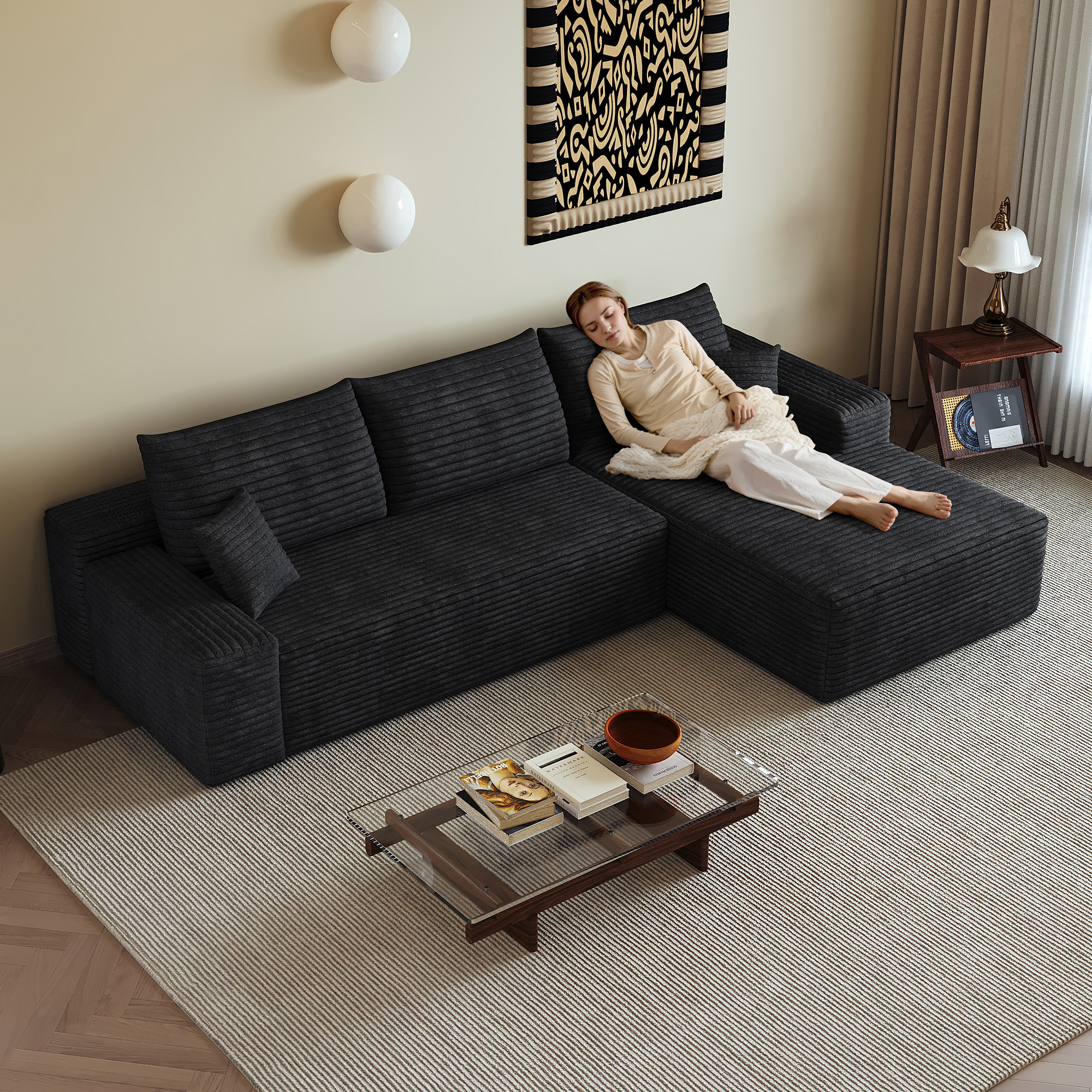 Canapé d’angle convertible en L 3 places 270 x 175 x 83 cm, Velours côtelé, noir - vue principale 1