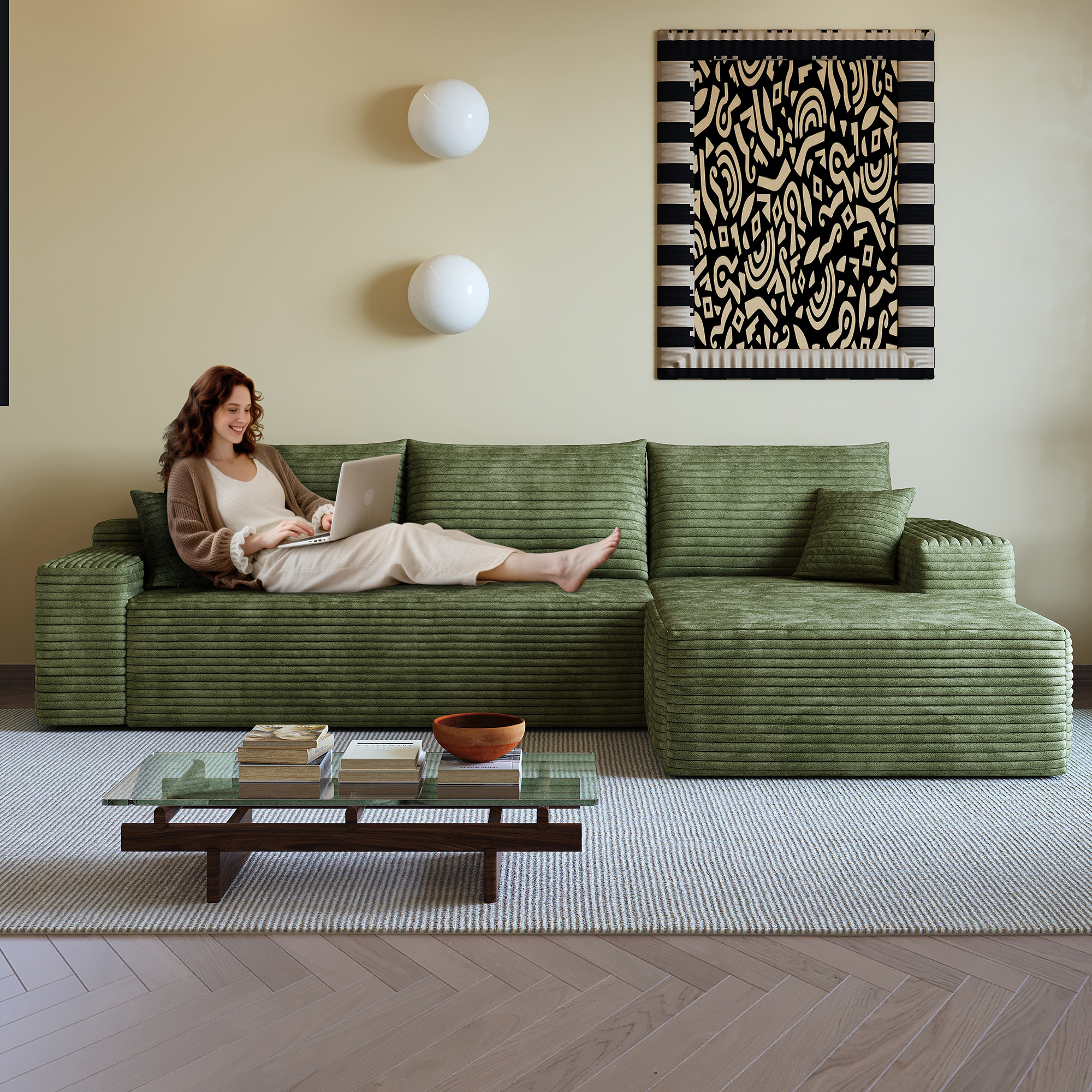 Canapé d’angle convertible en L 3 places 270 x 175 x 83 cm, Velours côtelé, vert - présentation 1