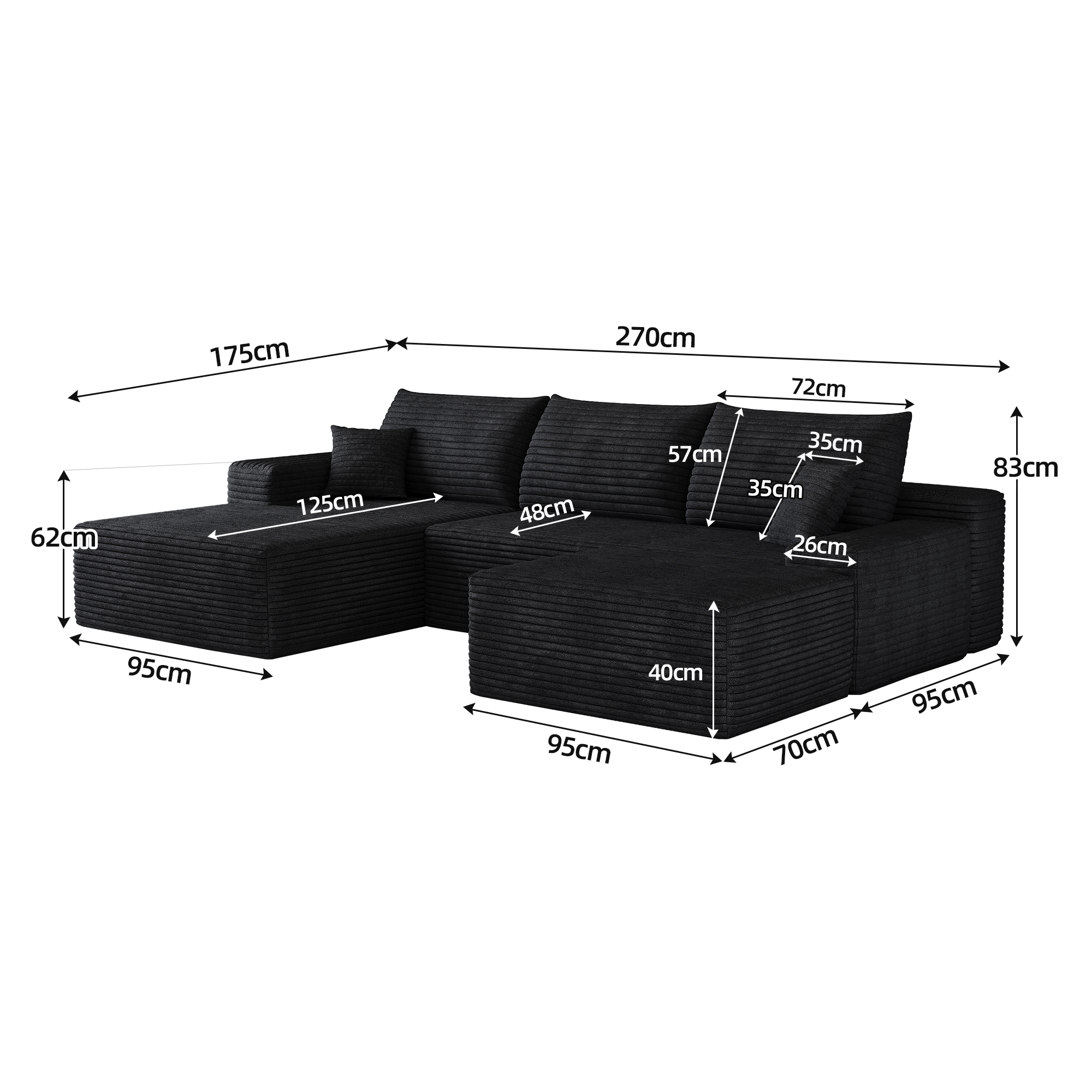 Canapé d’angle modulable 4 places 270 x 175 x 83 cm canapé en L avec méridienne, velours côtelé, Noir - vue complémentaire 1