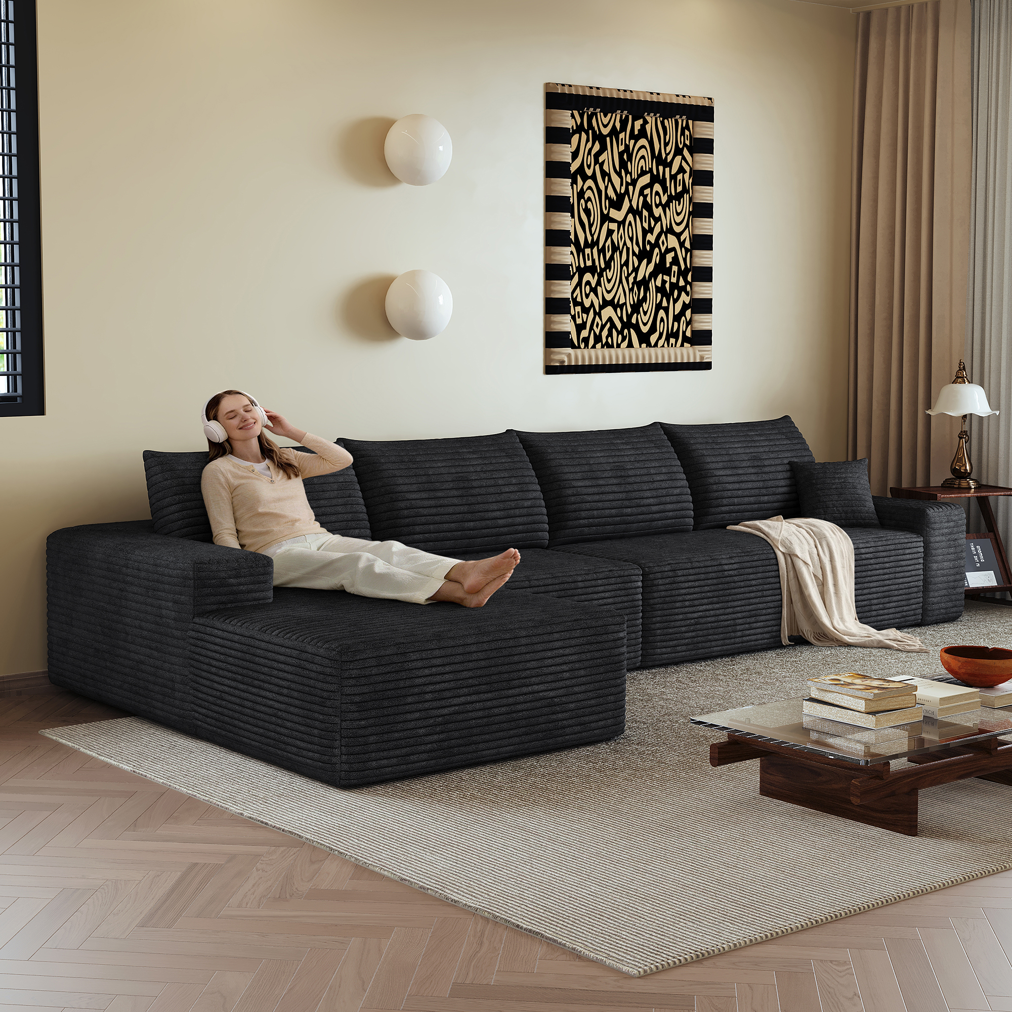 Canapé d’angle en L 4 places 270 x 175 x 83 cm, convertible, modulable, sans montage, en velours côtelé, Noir - vue principale