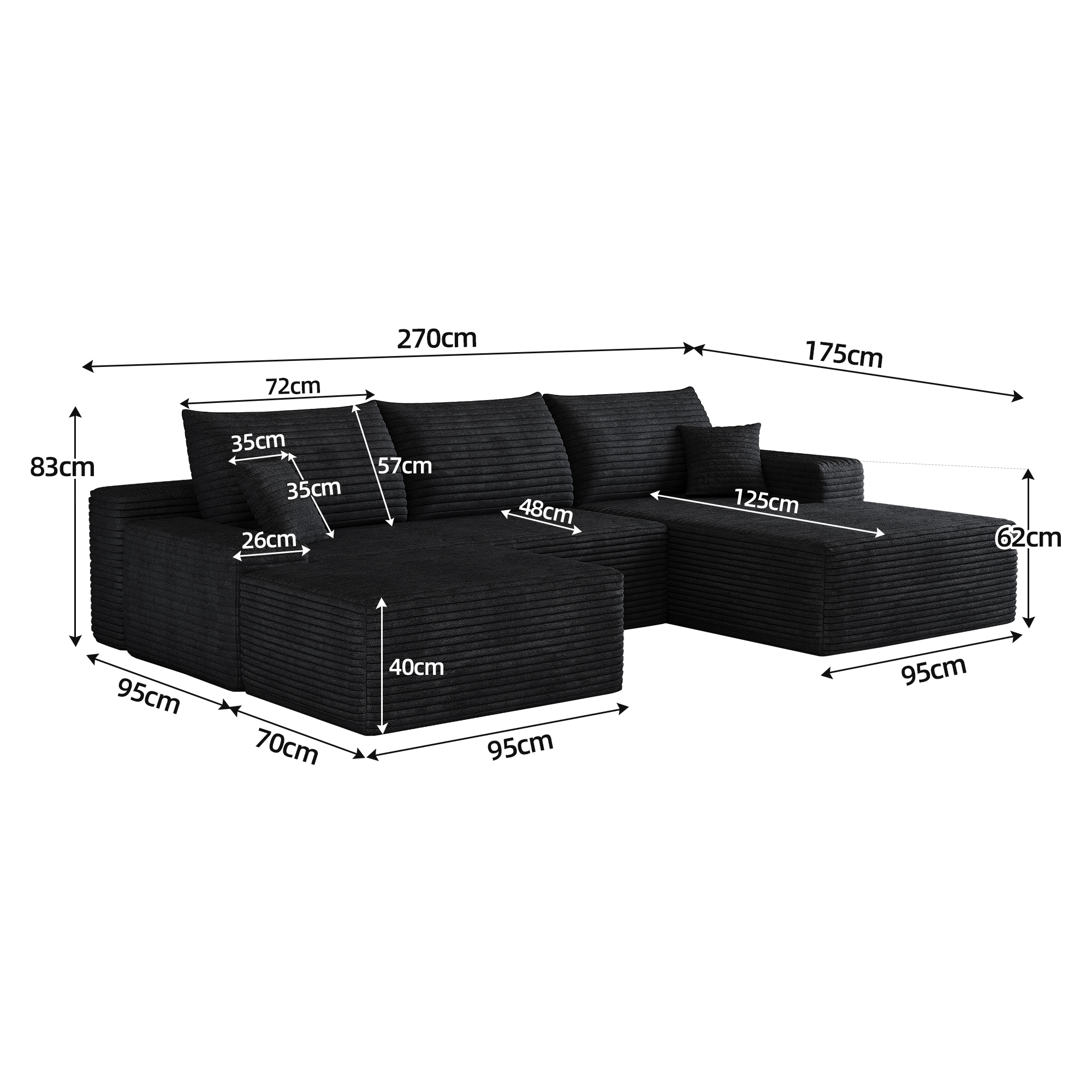 Canapé d’angle modulable 4 places 270 x 175 x 83 cm canapé en L avec méridienne, velours côtelé, Noir - vue complémentaire 1