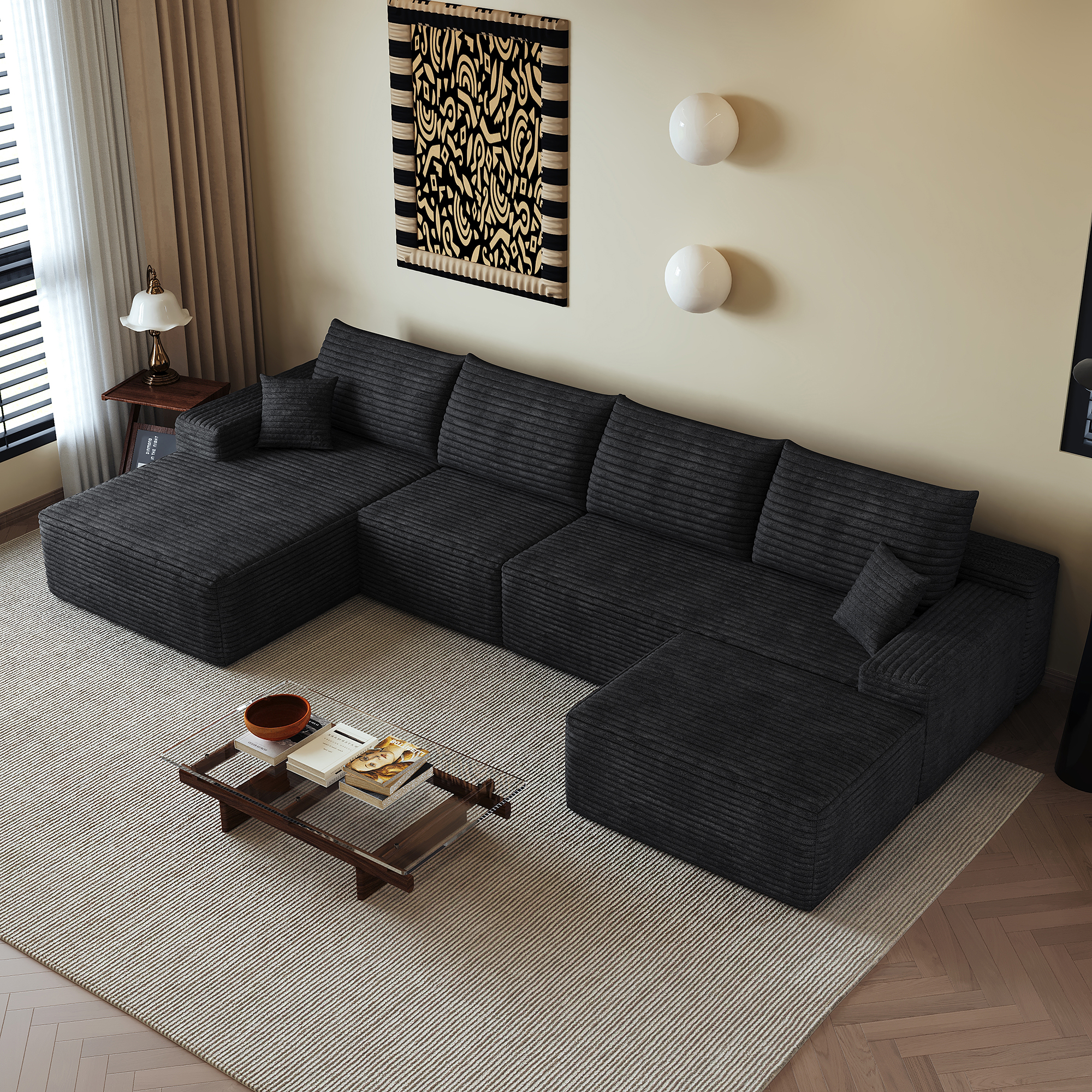 Canapé sans montage en velours côtelé rayé, mousse haute élasticité, prêt en 72h, lignes fluides, pour salon, confort doux, livraison compacte, design élégant, ambiance améliorée, usage quotidien - image 1