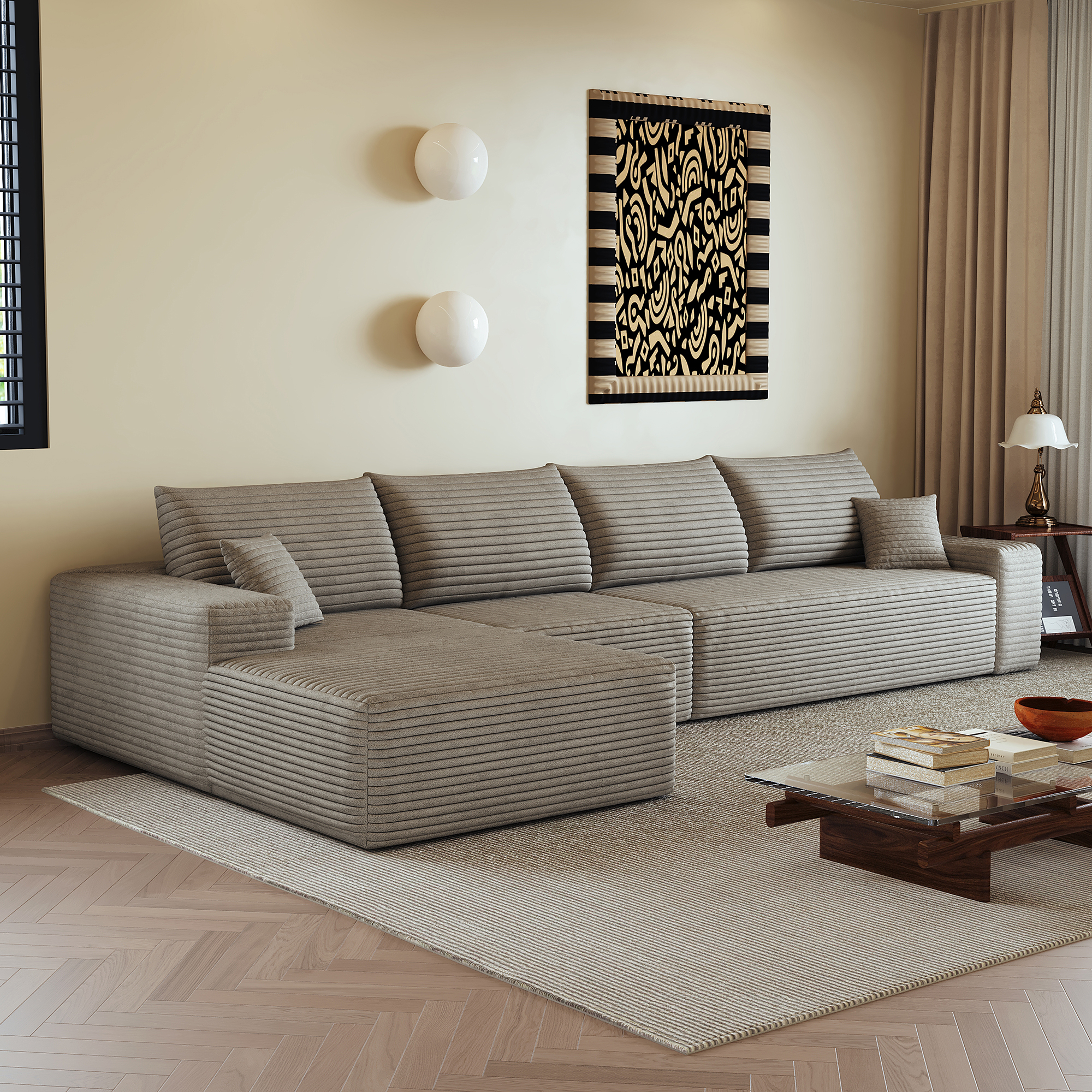 Canapé d’angle en L 4 places 270 x 175 x 83 cm, convertible, modulable, sans montage, en velours côtelé, Camel - dimensions et spécifications