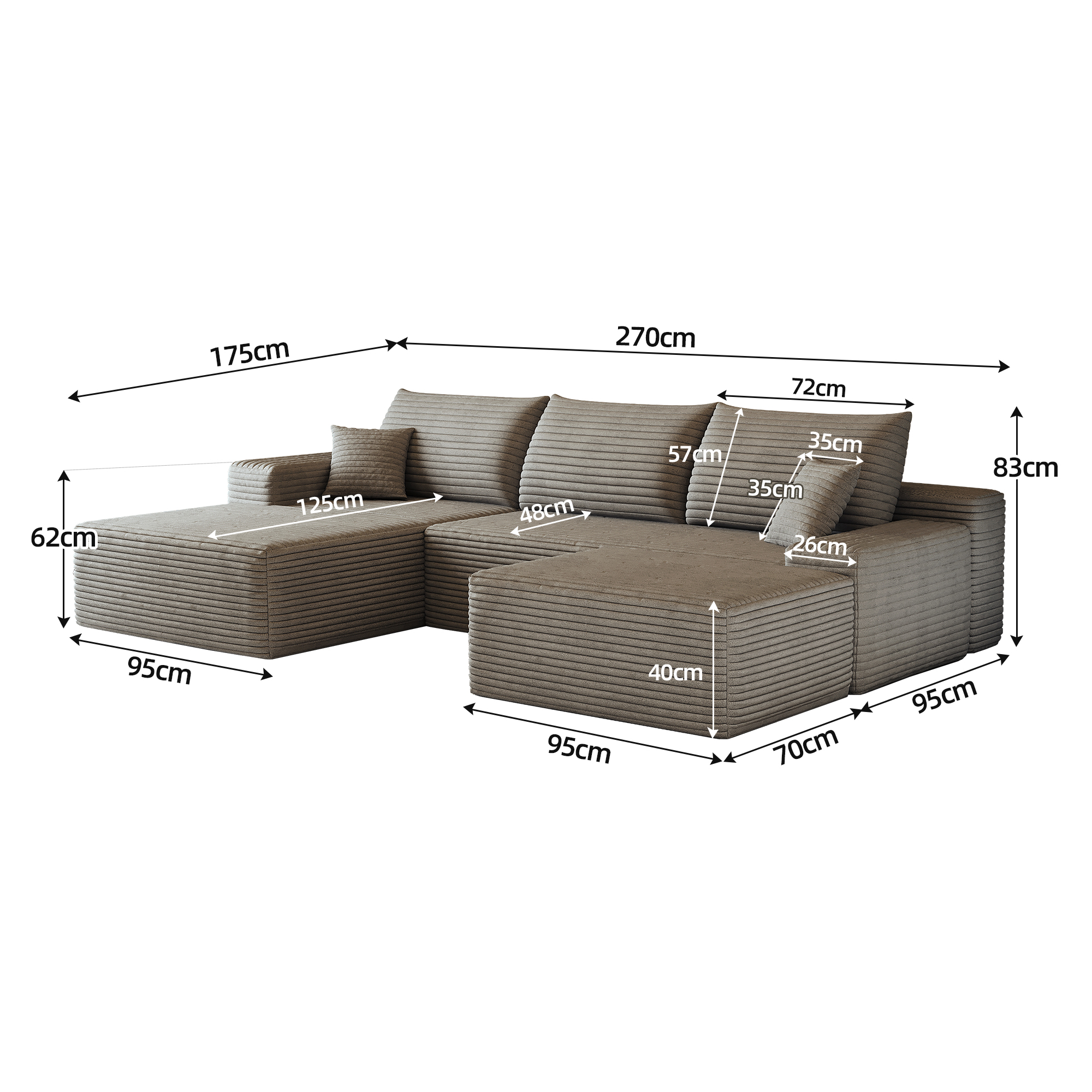 Canapé d’angle modulable 4 places 270 x 175 x 83 cm canapé en L avec méridienne, velours côtelé, Camel - vue complémentaire 1