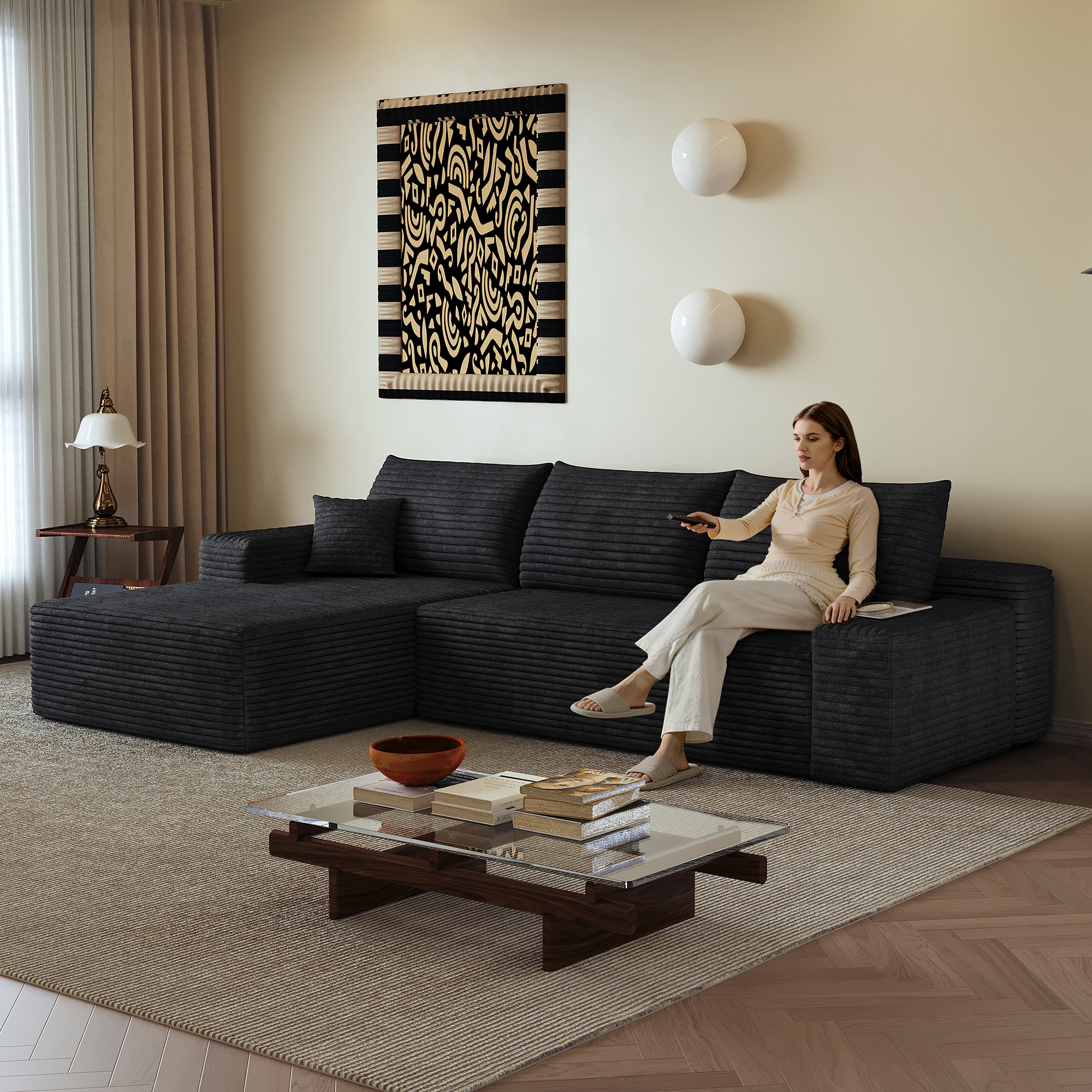 Canapé d’angle convertible en L 3 places 270 x 175 x 83 cm, Velours côtelé, noir - présentation 1