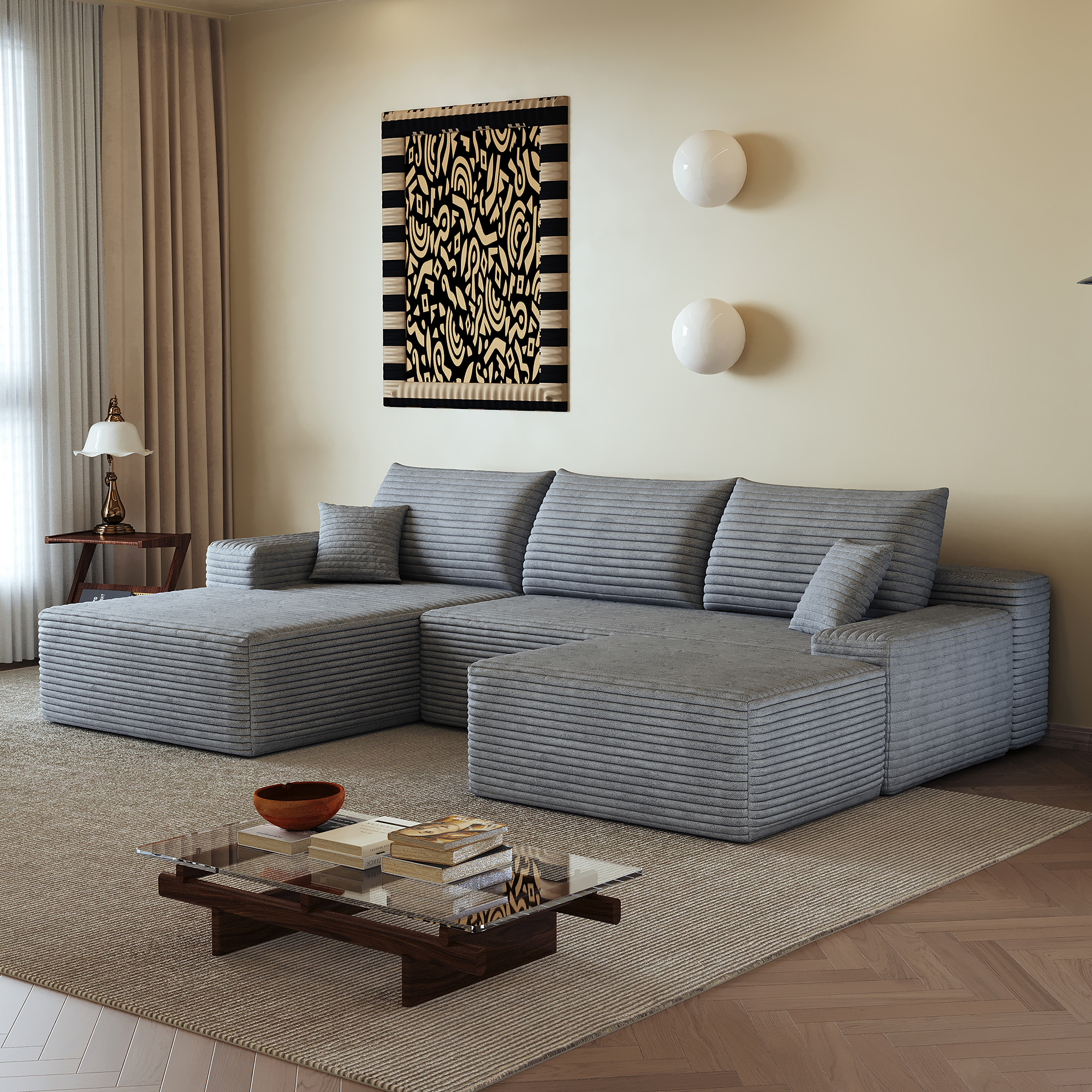 Canapé sans montage en velours côtelé rayé, mousse haute élasticité, prêt en 72h, lignes fluides, pour salon, confort doux, livraison compacte, design élégant, ambiance améliorée, usage quotidien - image 2