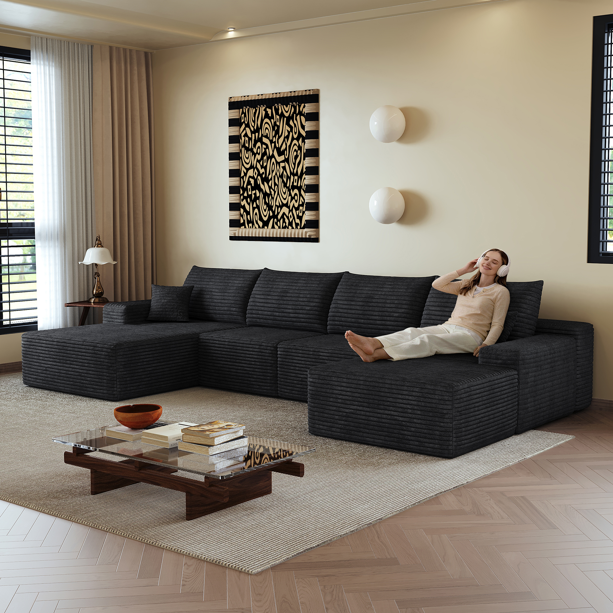 Canapé d’angle en L 5 places 270 x 175 x 83 cm, convertible, modulable, sans montage, en velours côtelé, Noir - vue principale