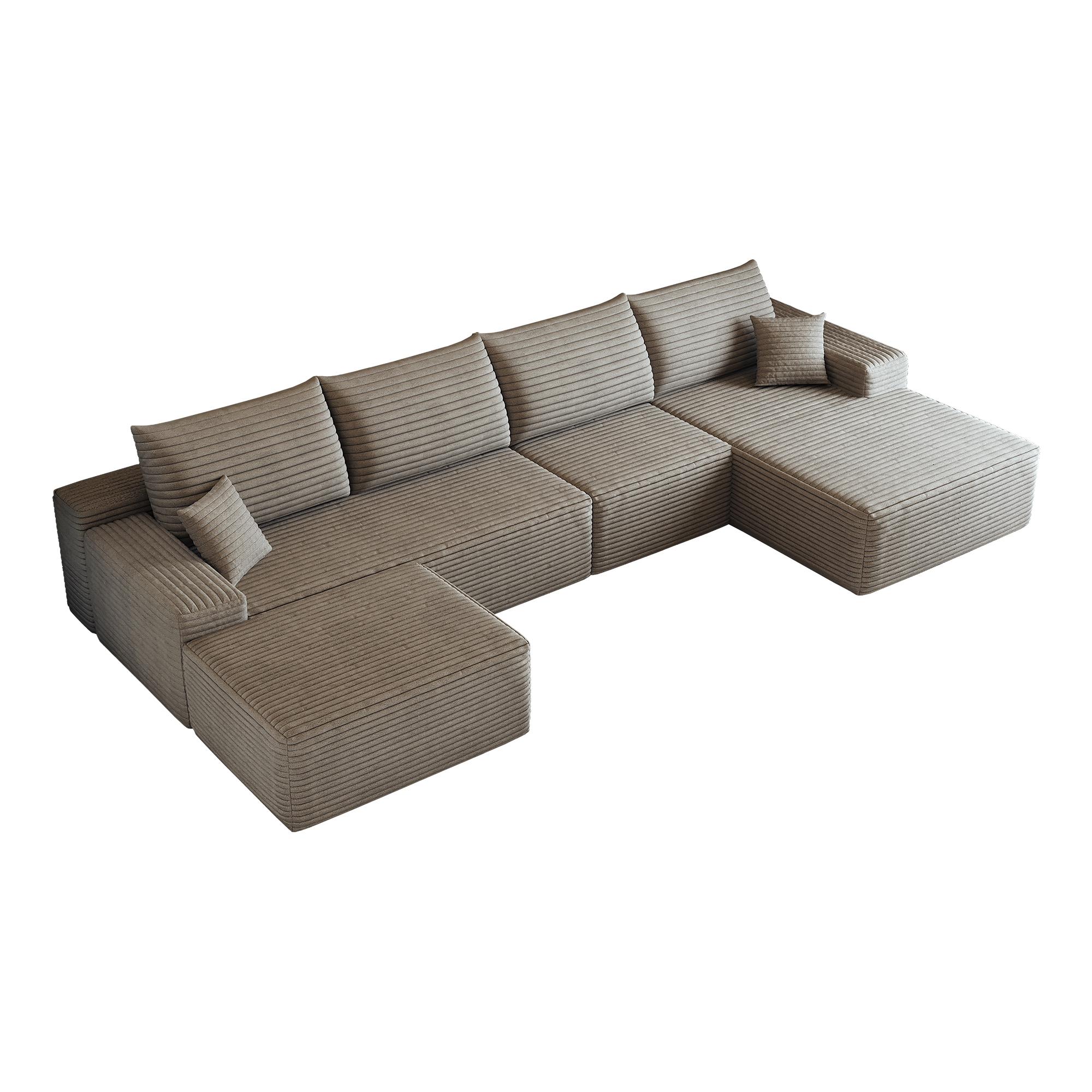 Canapé d’angle en L 5 places 270 x 175 x 83 cm, convertible, modulable, sans montage, en velours côtelé, Camel - détails