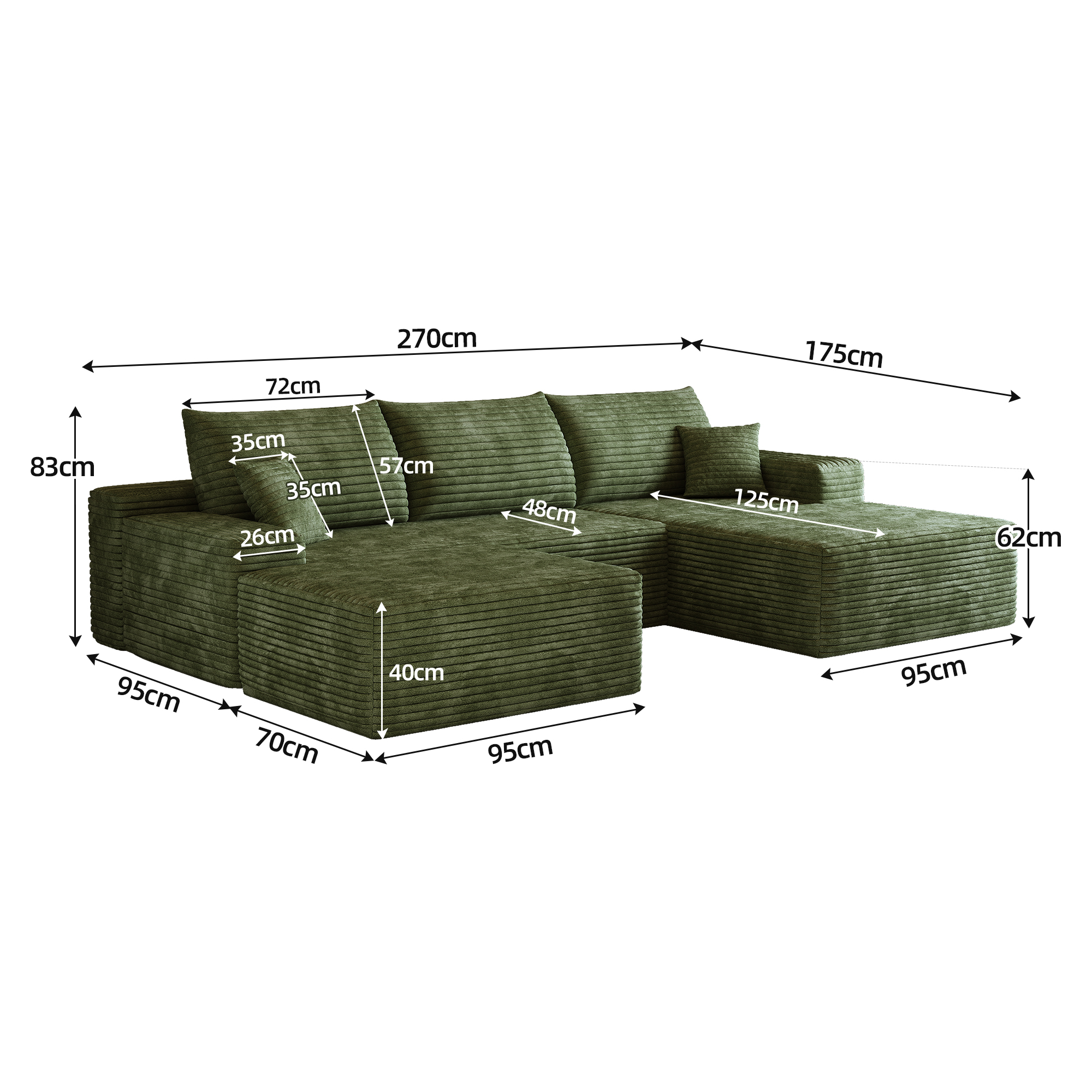Canapé d’angle modulable 4 places 270 x 175 x 83 cm canapé en L avec méridienne, velours côtelé, Vert - vue complémentaire 1