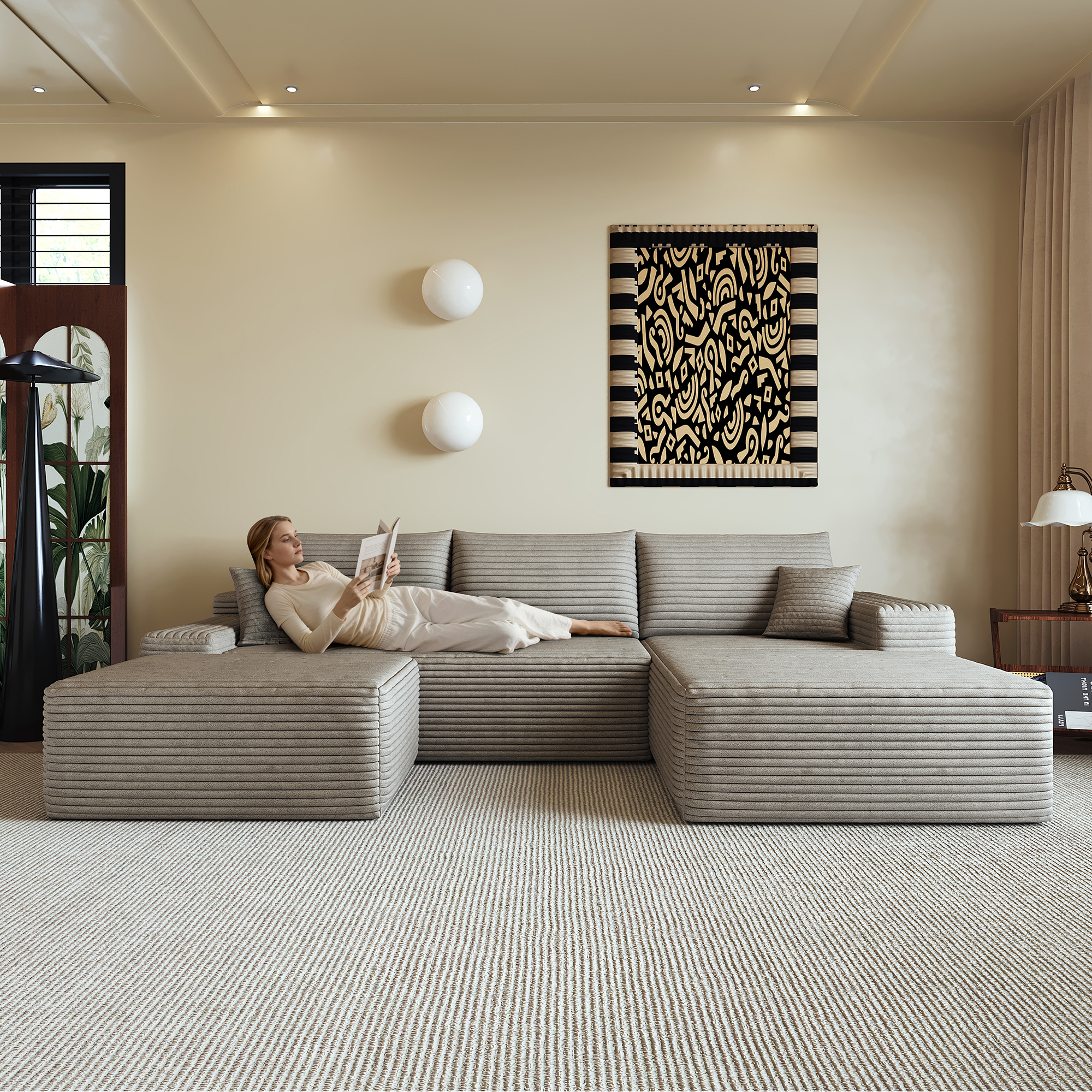 Canapé d’angle modulable 4 places 270 x 175 x 83 cm canapé en L avec méridienne, velours côtelé, Camel - présentation 1