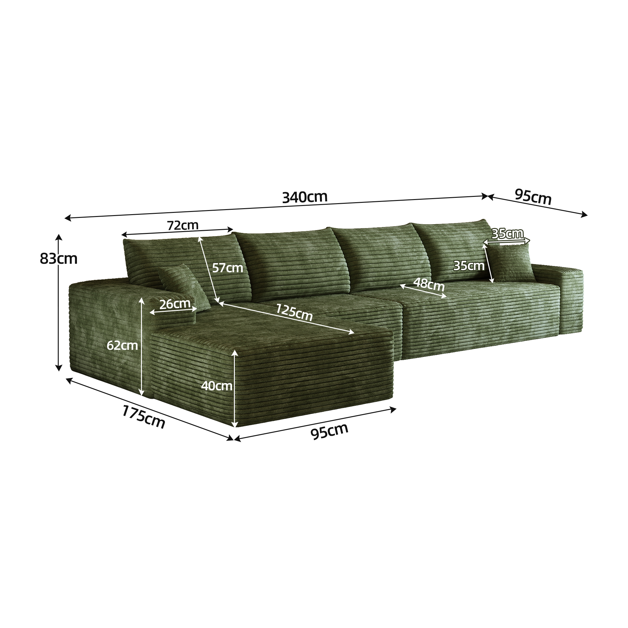 Canapé d’angle en L 4 places 270 x 175 x 83 cm, convertible, modulable, sans montage, en velours côtelé, Vert - détails