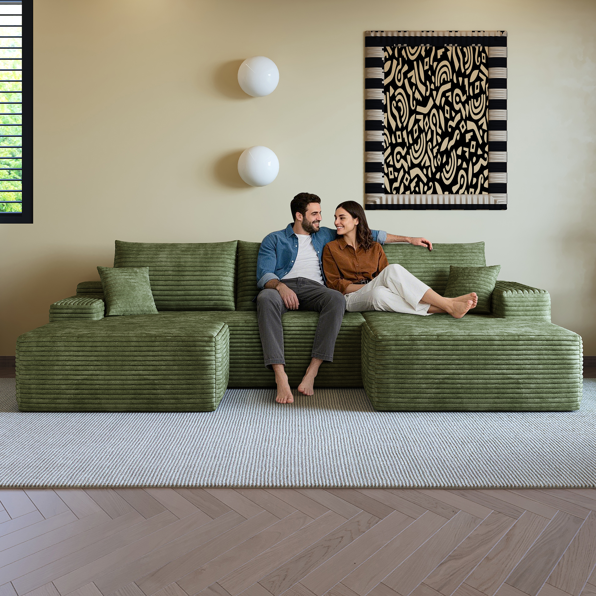 Canapé d’angle modulable 4 places 270 x 175 x 83 cm canapé en L avec méridienne, velours côtelé, Vert - spécifications 1